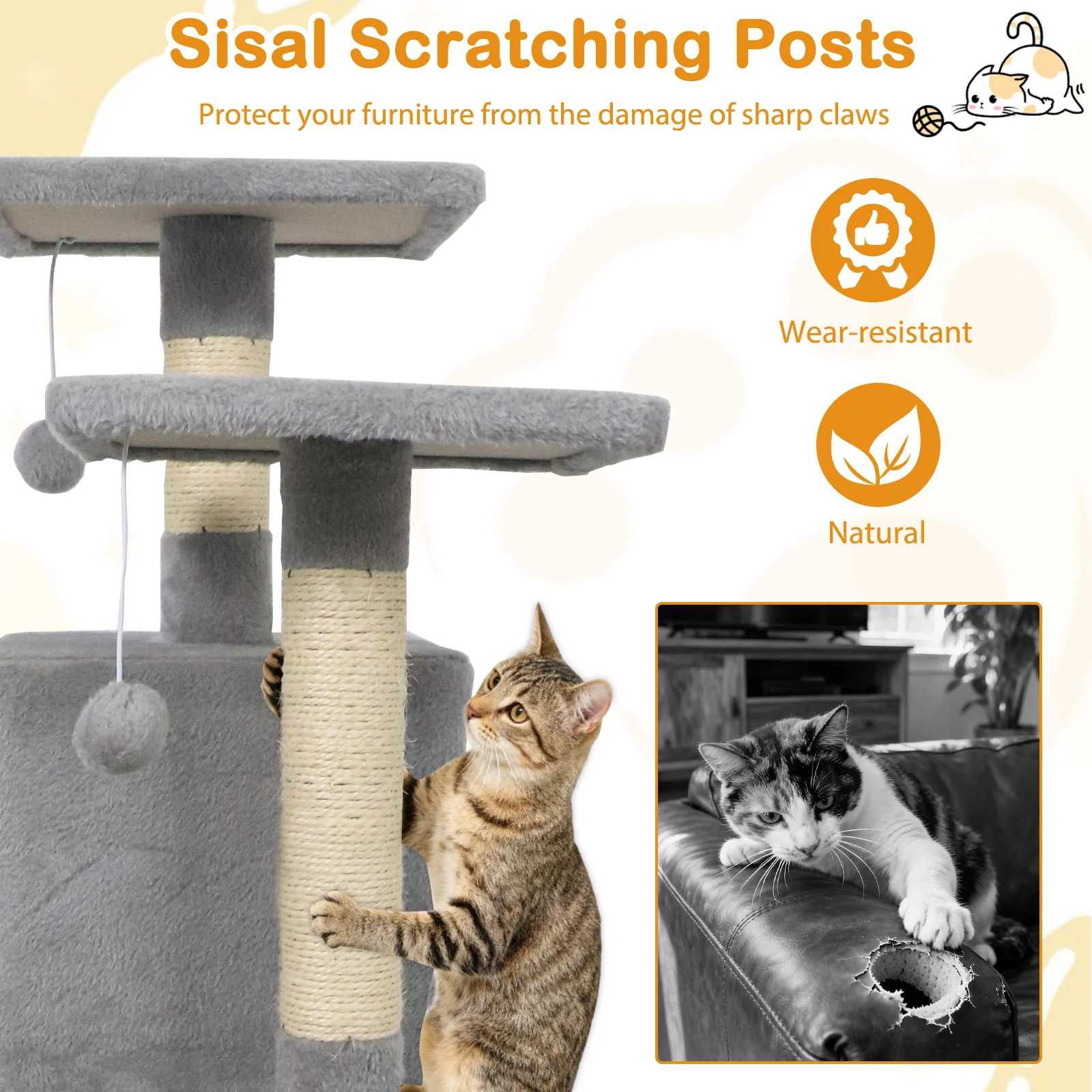 57 Inch Cat Tree with Dual Condos and Hammock and 2 Dangling Balls, Light Gray - Image 10