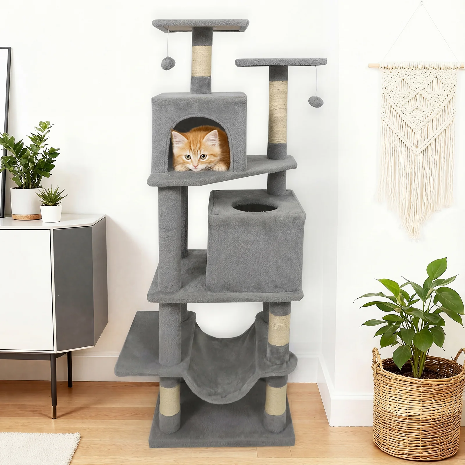57 Inch Cat Tree with Dual Condos and Hammock and 2 Dangling Balls, Light Gray - Image 2