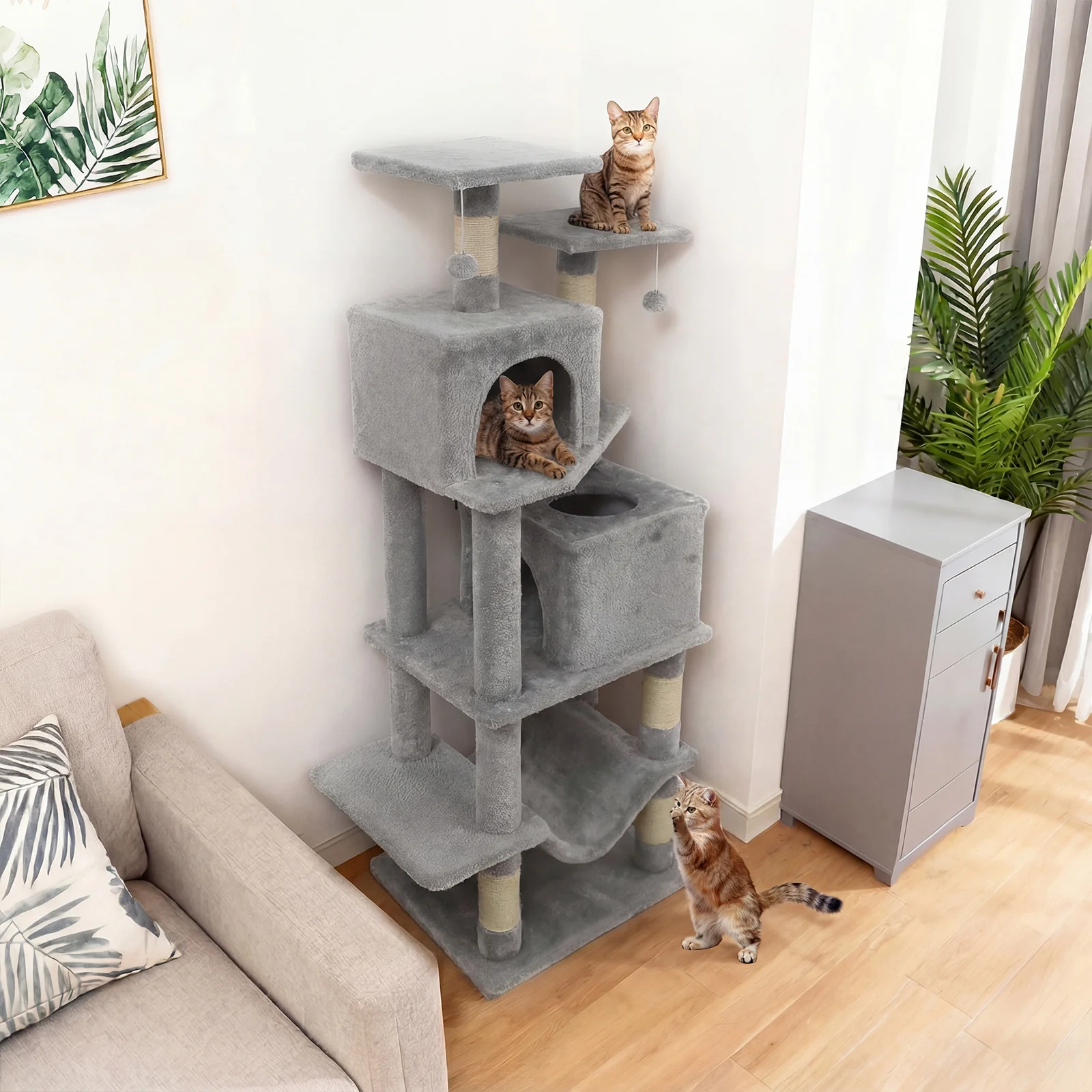 57 Inch Cat Tree with Dual Condos and Hammock and 2 Dangling Balls, Light Gray - Image 3
