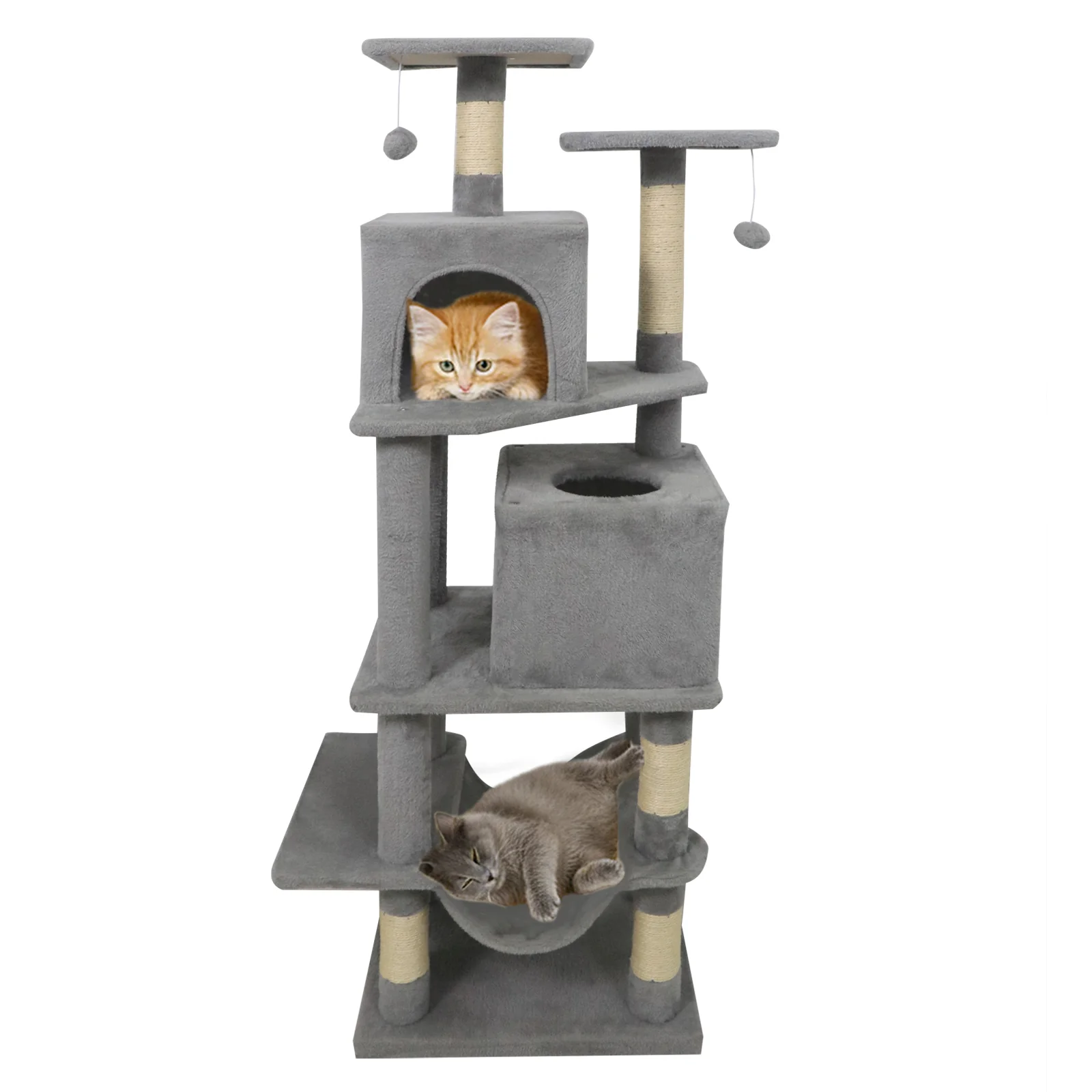 57 Inch Cat Tree with Dual Condos and Hammock and 2 Dangling Balls, Light Gray - Image 5