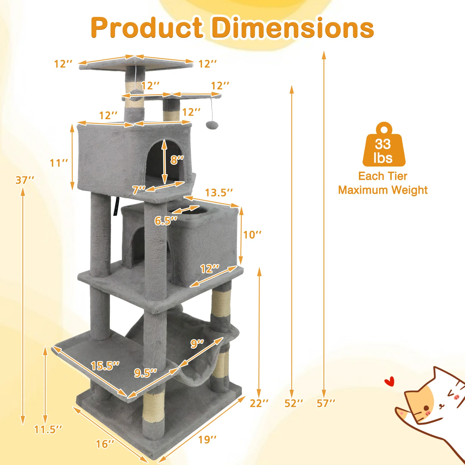 57 Inch Cat Tree with Dual Condos and Hammock and 2 Dangling Balls, Light Gray - Image 6