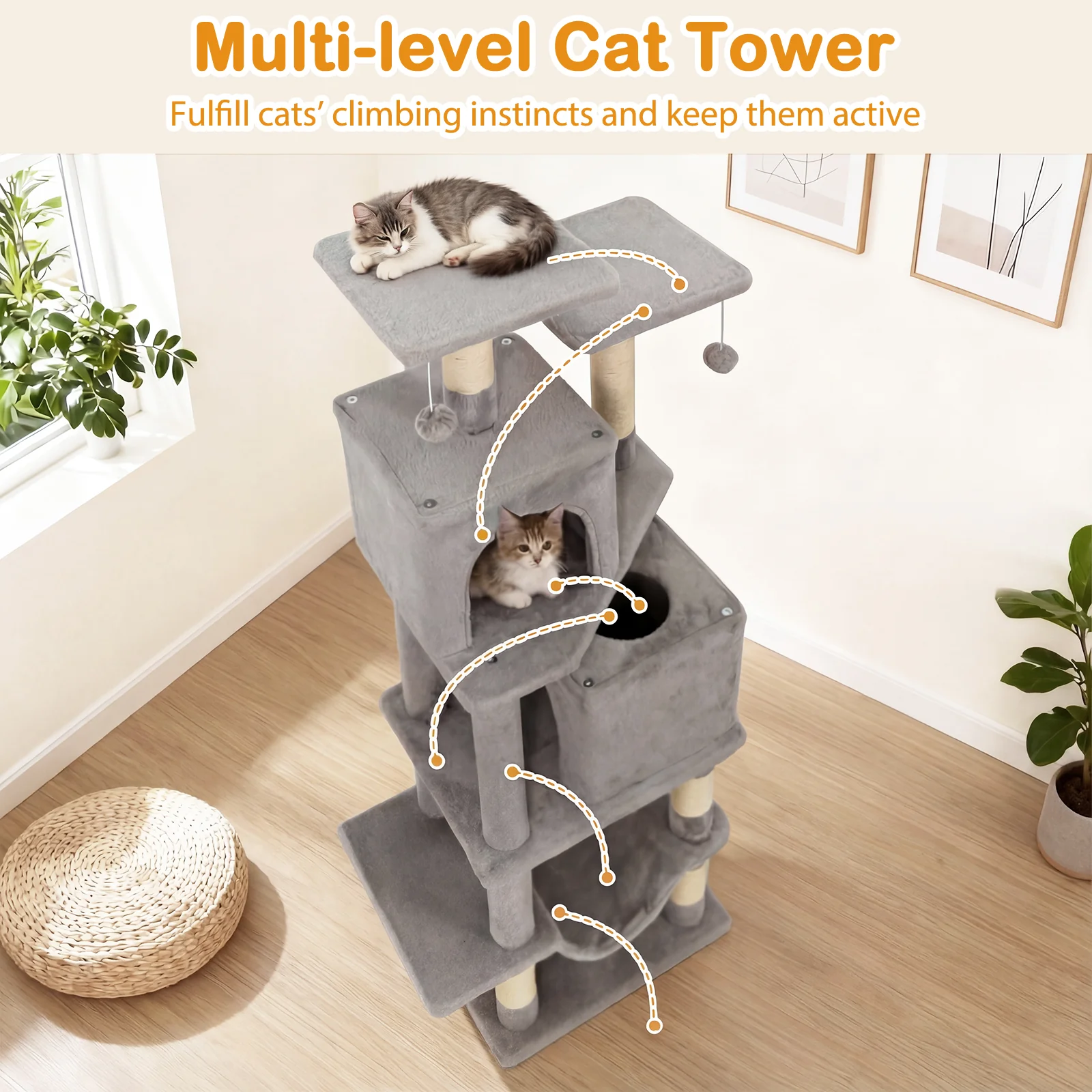 57 Inch Cat Tree with Dual Condos and Hammock and 2 Dangling Balls, Light Gray - Image 7