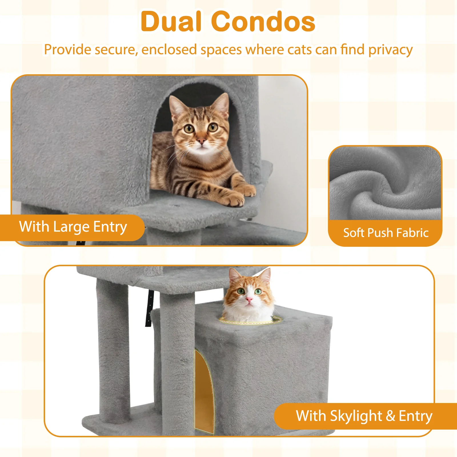 57 Inch Cat Tree with Dual Condos and Hammock and 2 Dangling Balls, Light Gray - Image 8
