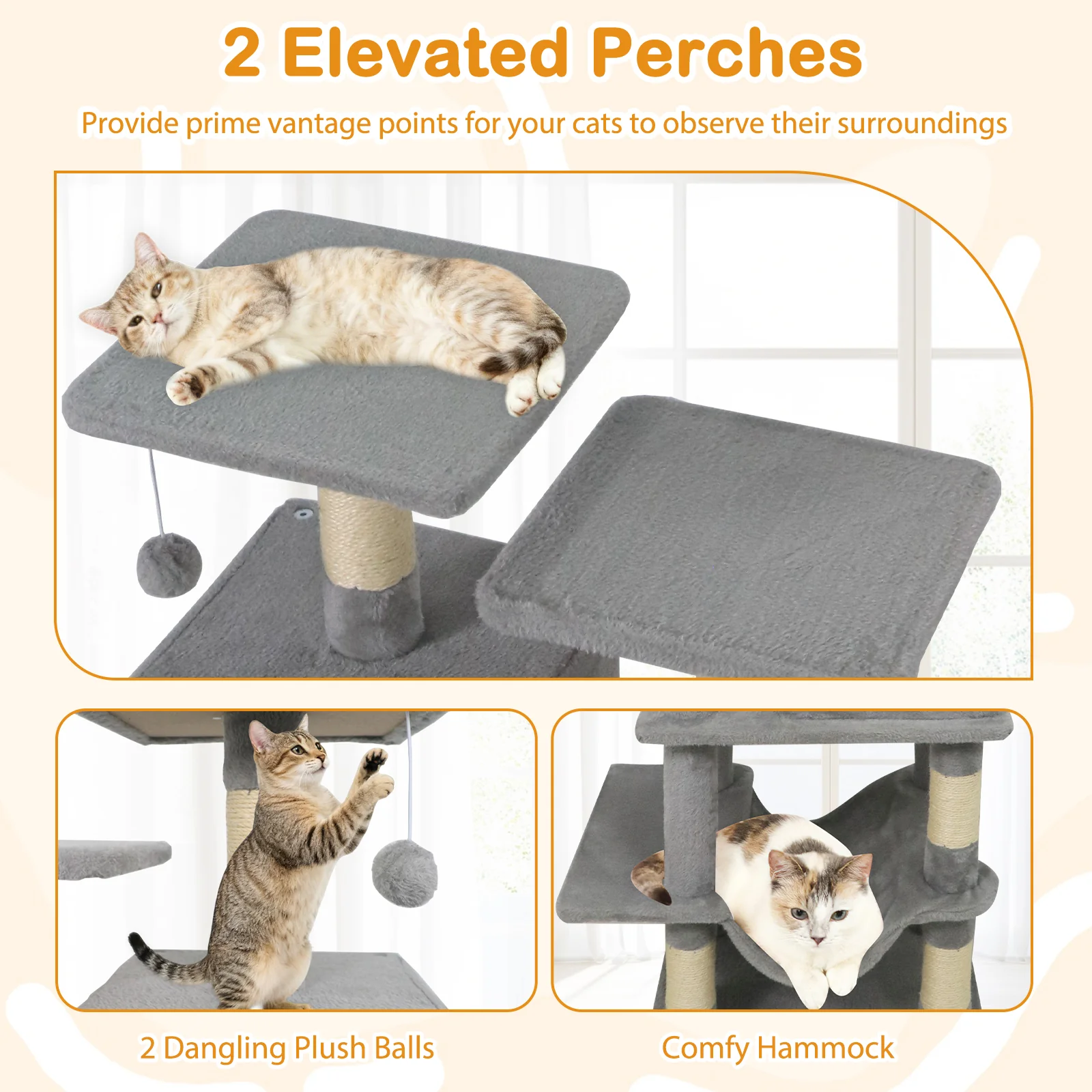 57 Inch Cat Tree with Dual Condos and Hammock and 2 Dangling Balls, Light Gray - Image 9