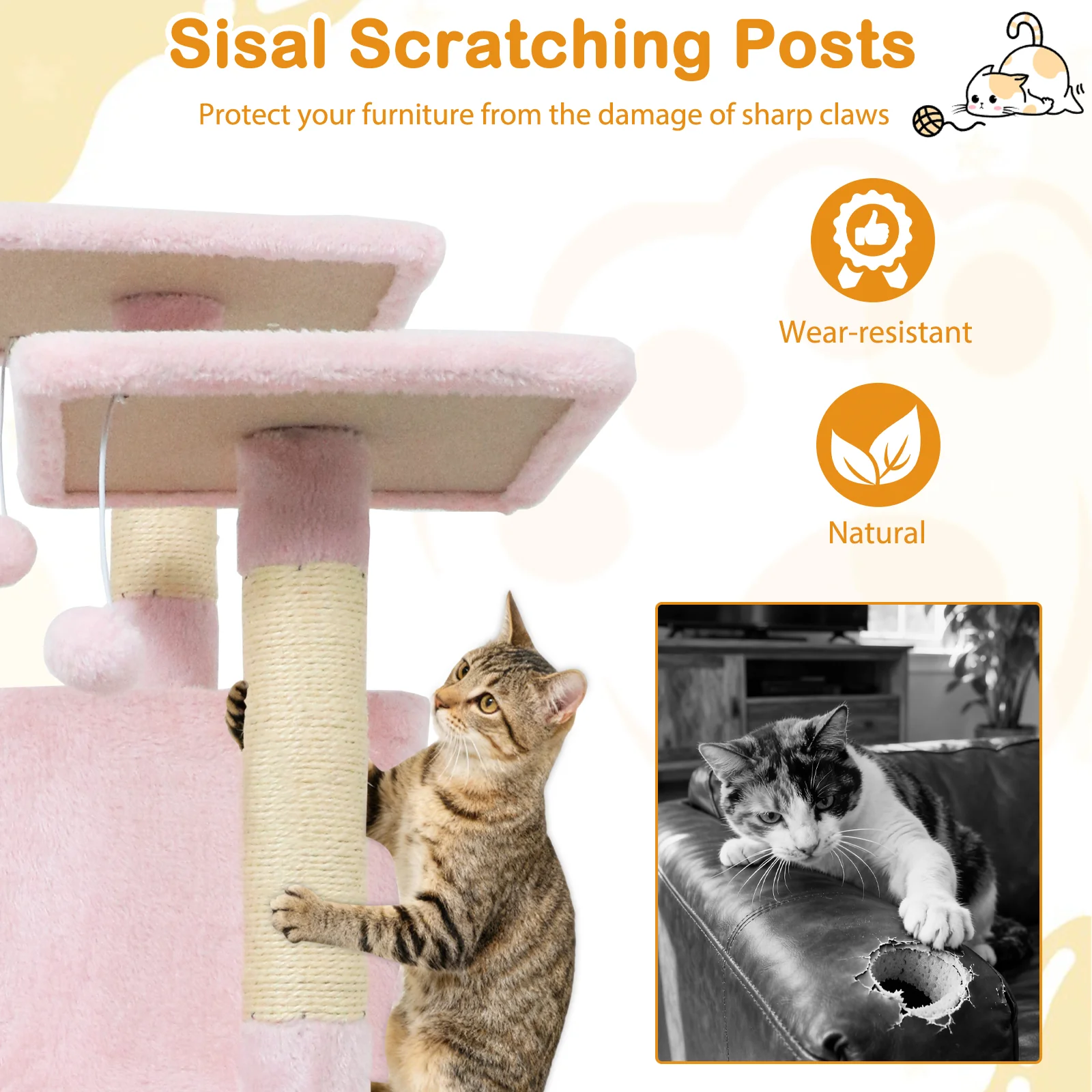 57 Inch Cat Tree with Dual Condos and Hammock and 2 Dangling Balls, Pink - Image 10
