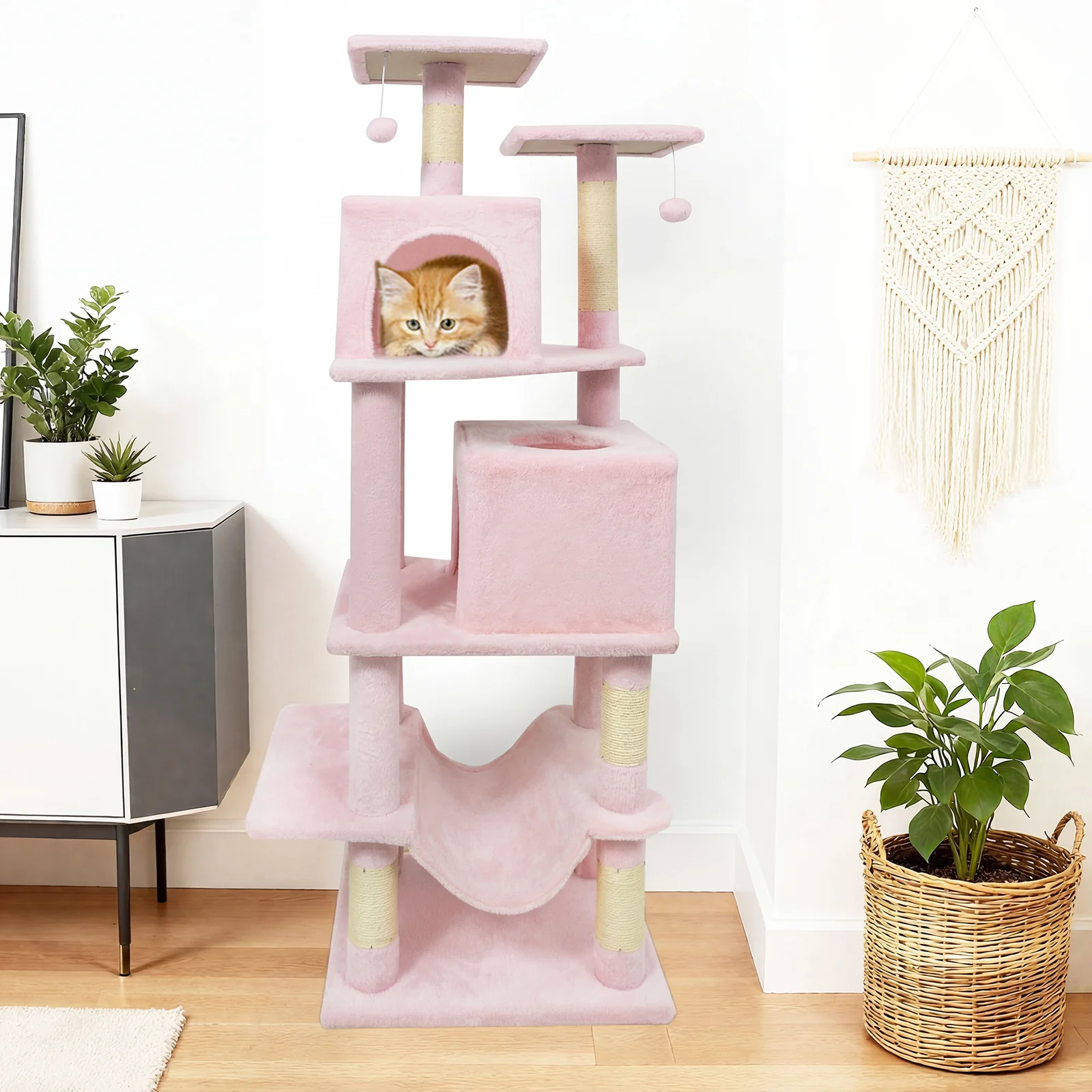 57 Inch Cat Tree with Dual Condos and Hammock and 2 Dangling Balls, Pink - Image 2