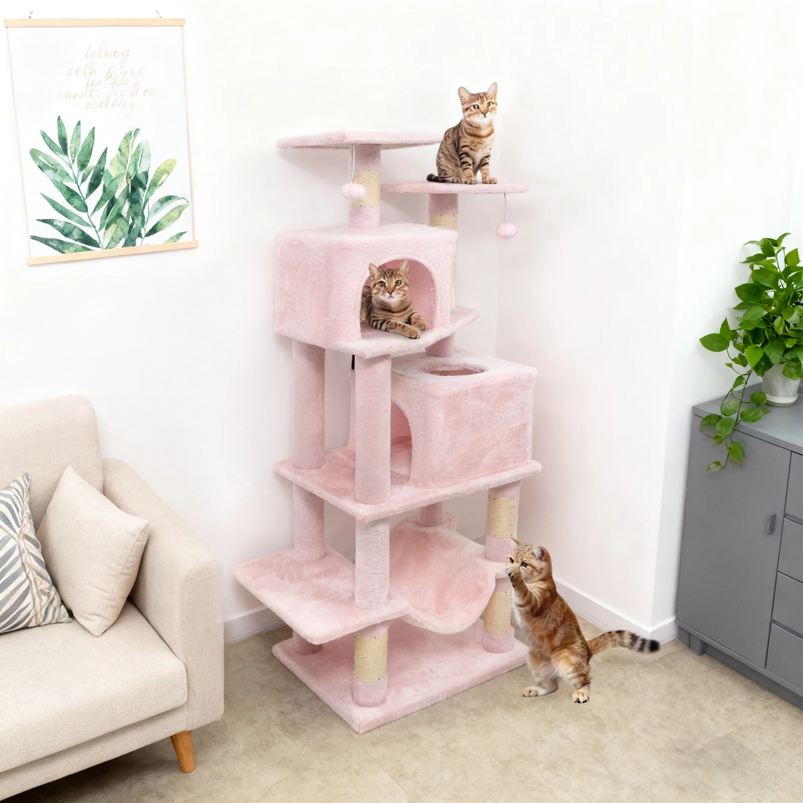 57 Inch Cat Tree with Dual Condos and Hammock and 2 Dangling Balls, Pink - Image 3
