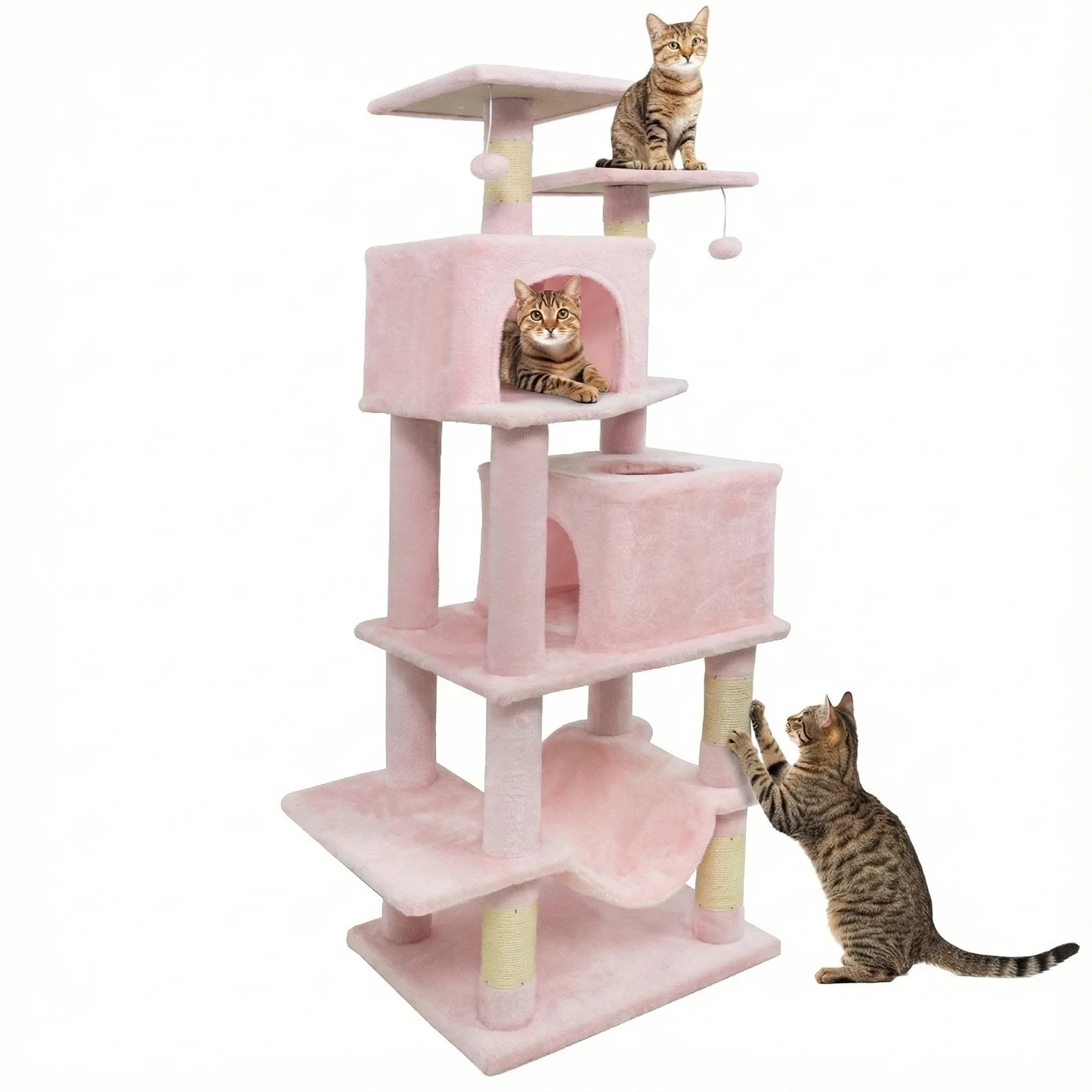 57 Inch Cat Tree with Dual Condos and Hammock and 2 Dangling Balls, Pink - Image 4