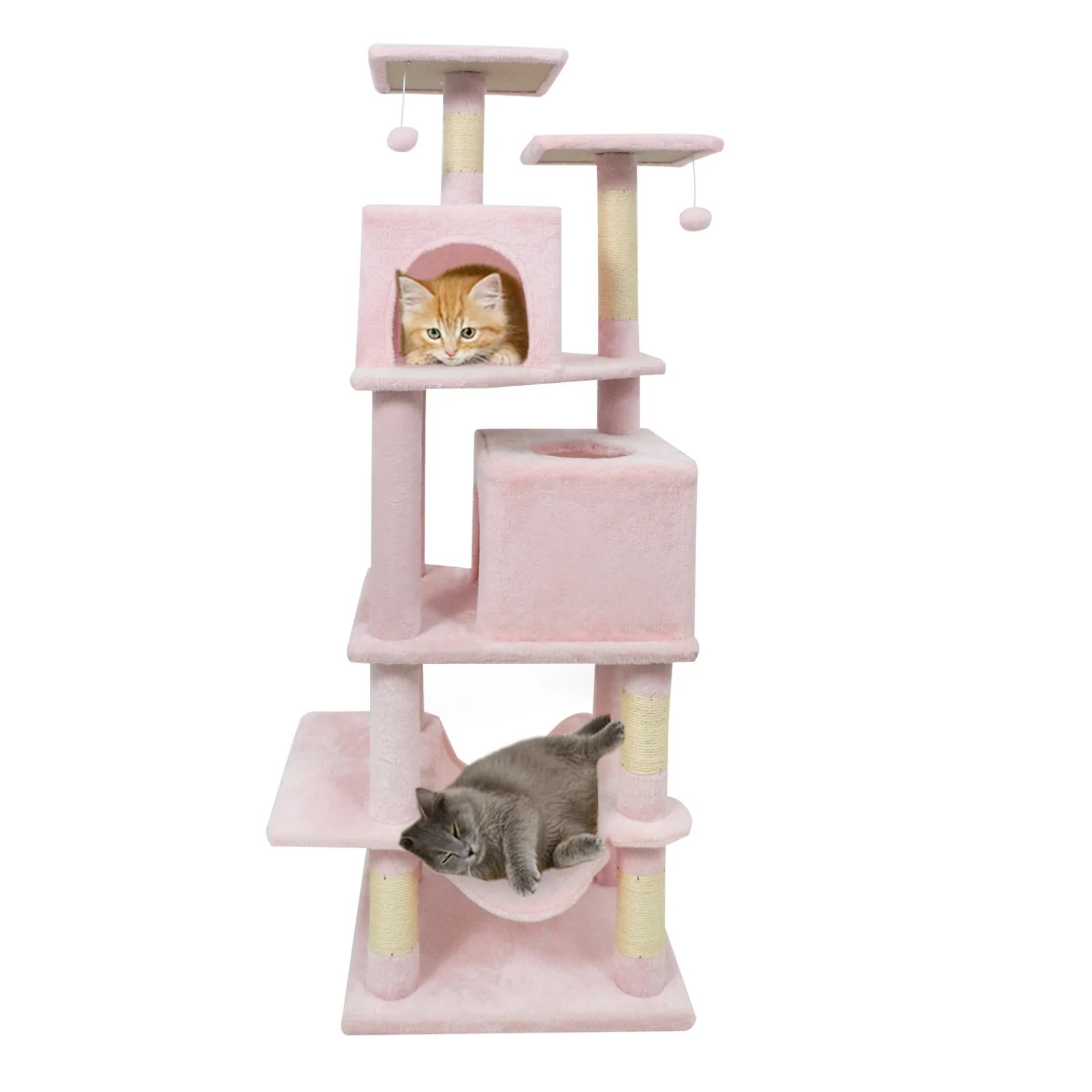 57 Inch Cat Tree with Dual Condos and Hammock and 2 Dangling Balls, Pink - Image 5