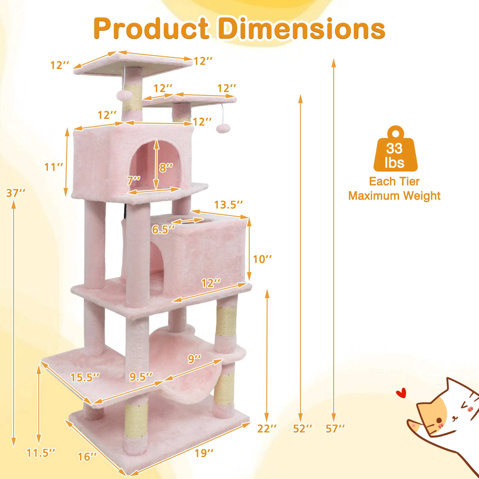 57 Inch Cat Tree with Dual Condos and Hammock and 2 Dangling Balls, Pink - Image 6