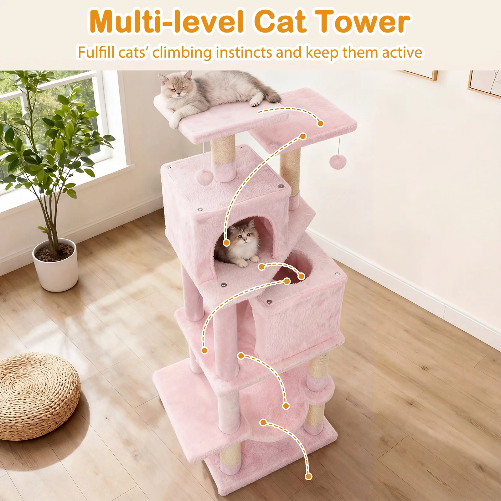57 Inch Cat Tree with Dual Condos and Hammock and 2 Dangling Balls, Pink - Image 7
