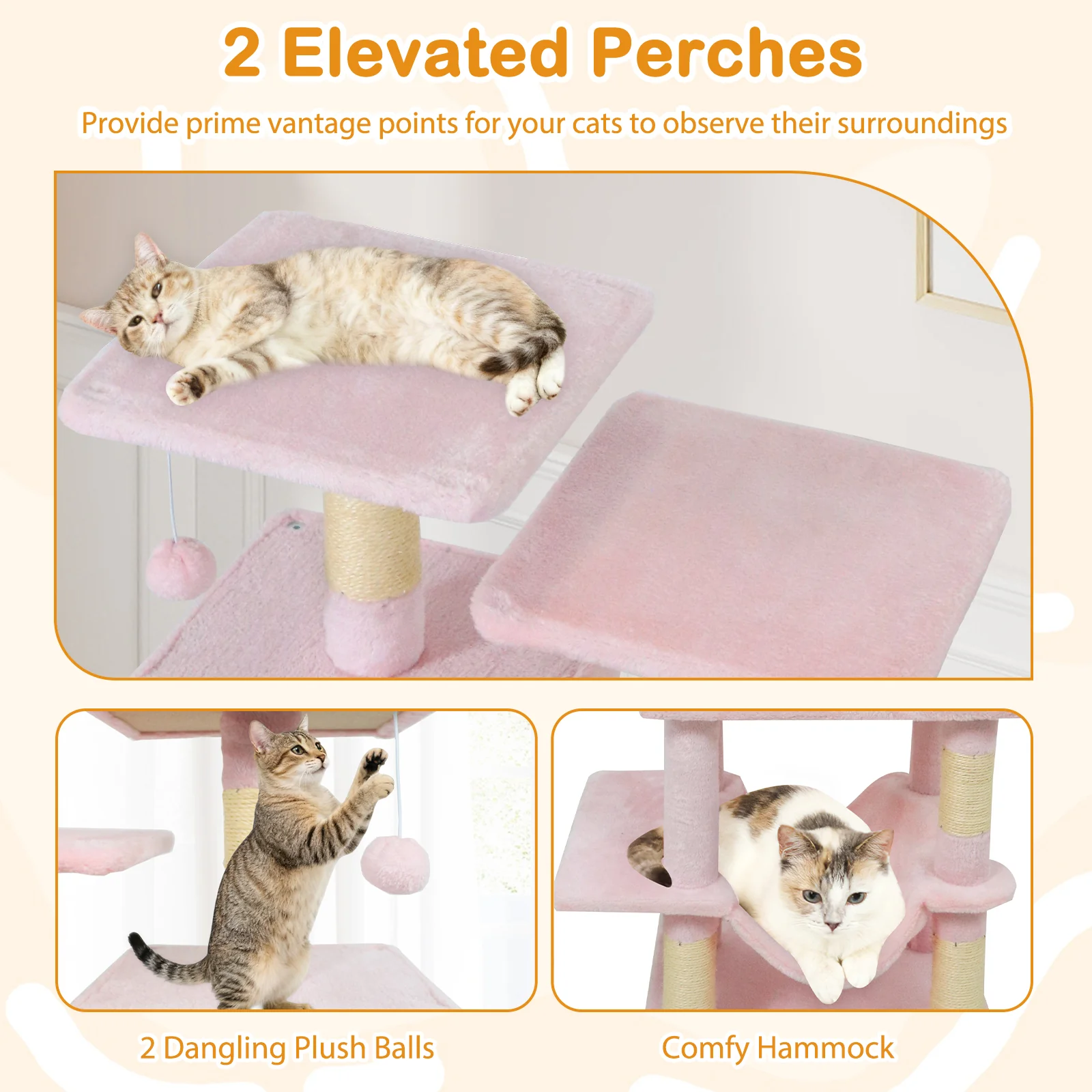 57 Inch Cat Tree with Dual Condos and Hammock and 2 Dangling Balls, Pink - Image 9