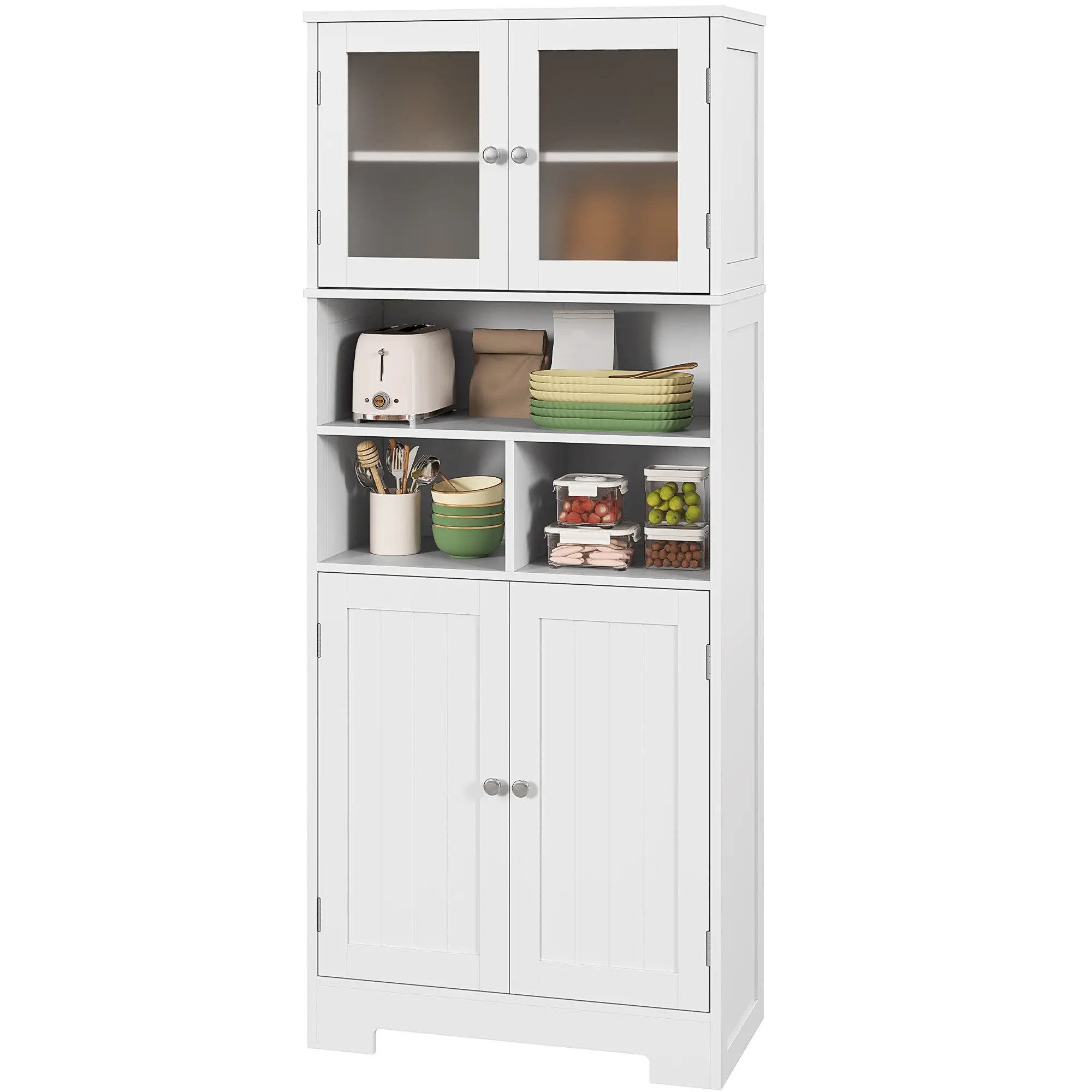 57" Kitchen Pantry, Freestanding Cabinet, Glass Doors, Adjustable Shelves, White