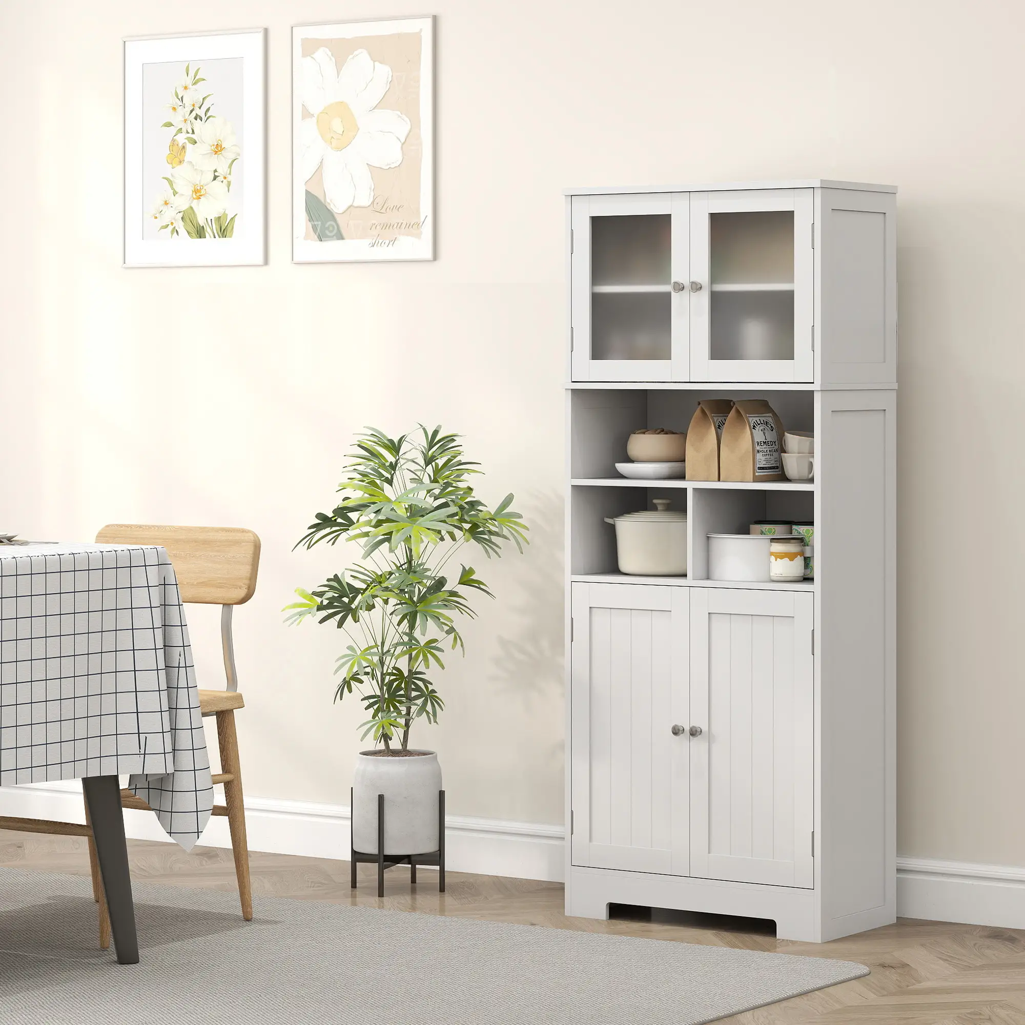 57" Kitchen Pantry, Freestanding Cabinet, Glass Doors, Adjustable Shelves, White - Image 10