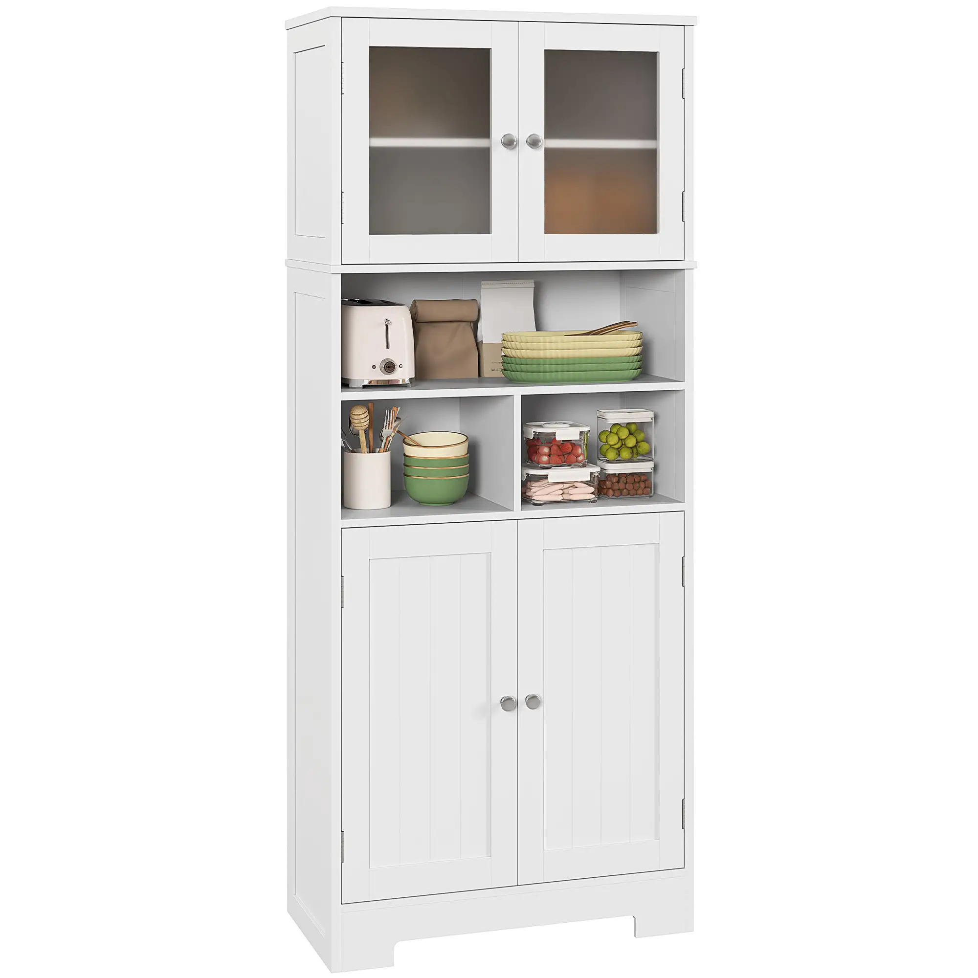 57" Kitchen Pantry, Freestanding Cabinet, Glass Doors, Adjustable Shelves, White - Image 11