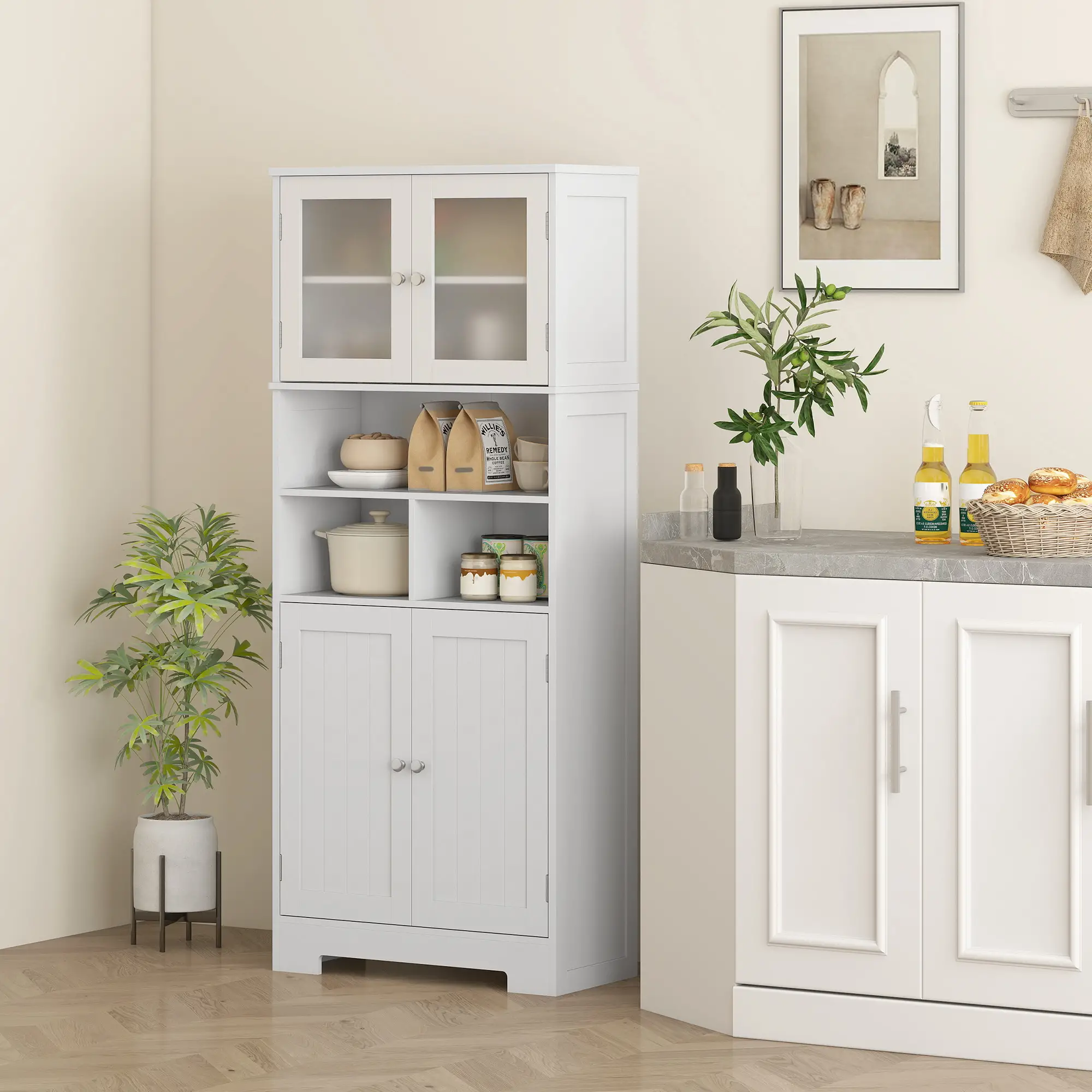 57" Kitchen Pantry, Freestanding Cabinet, Glass Doors, Adjustable Shelves, White - Image 2
