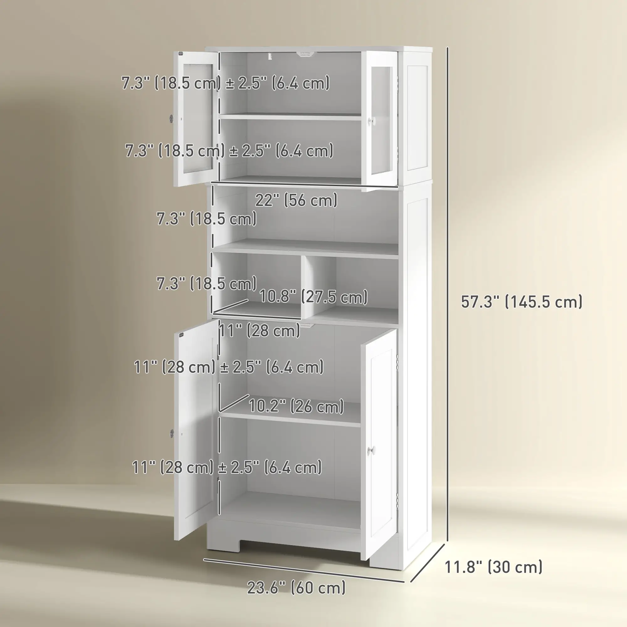 57" Kitchen Pantry, Freestanding Cabinet, Glass Doors, Adjustable Shelves, White - Image 3