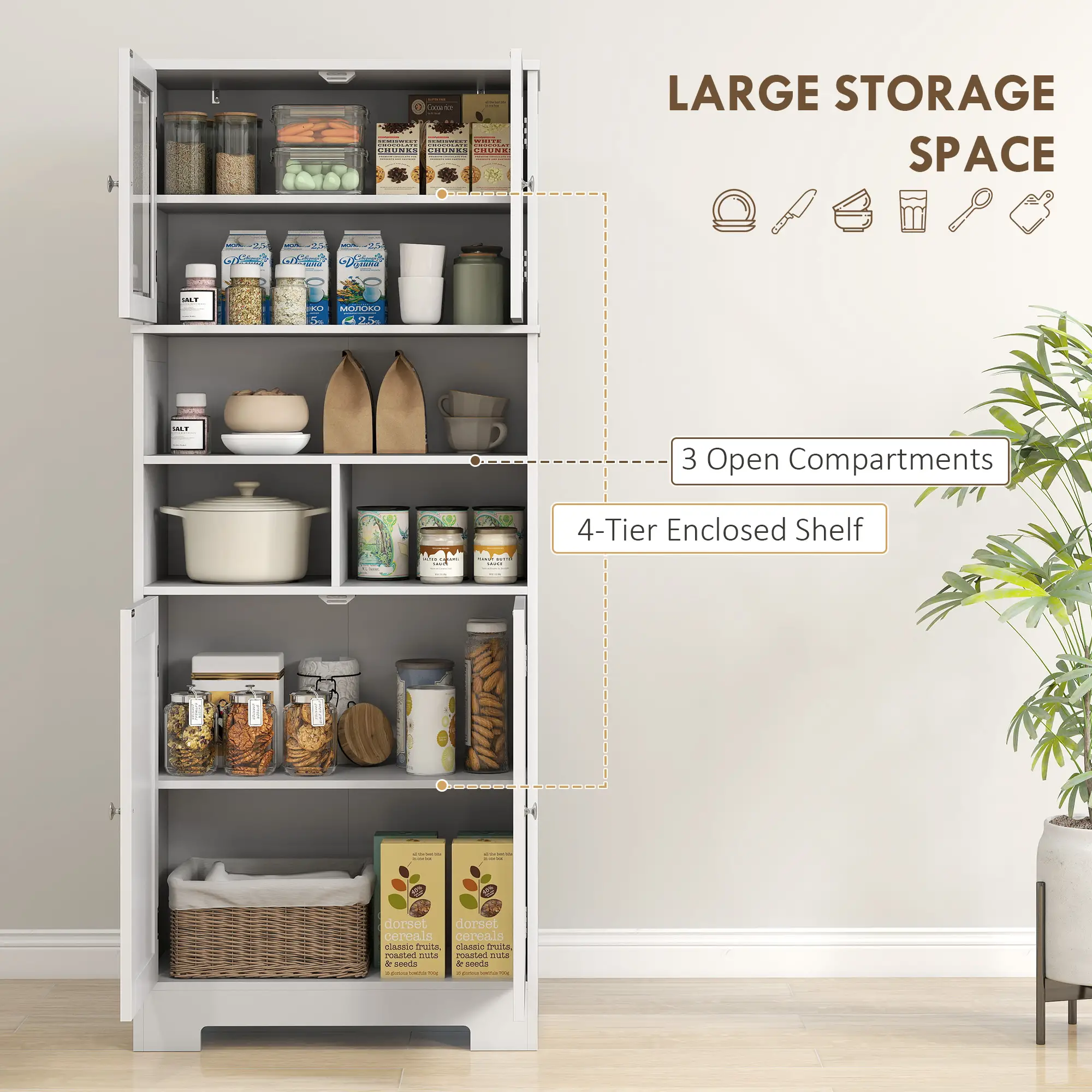57" Kitchen Pantry, Freestanding Cabinet, Glass Doors, Adjustable Shelves, White - Image 4