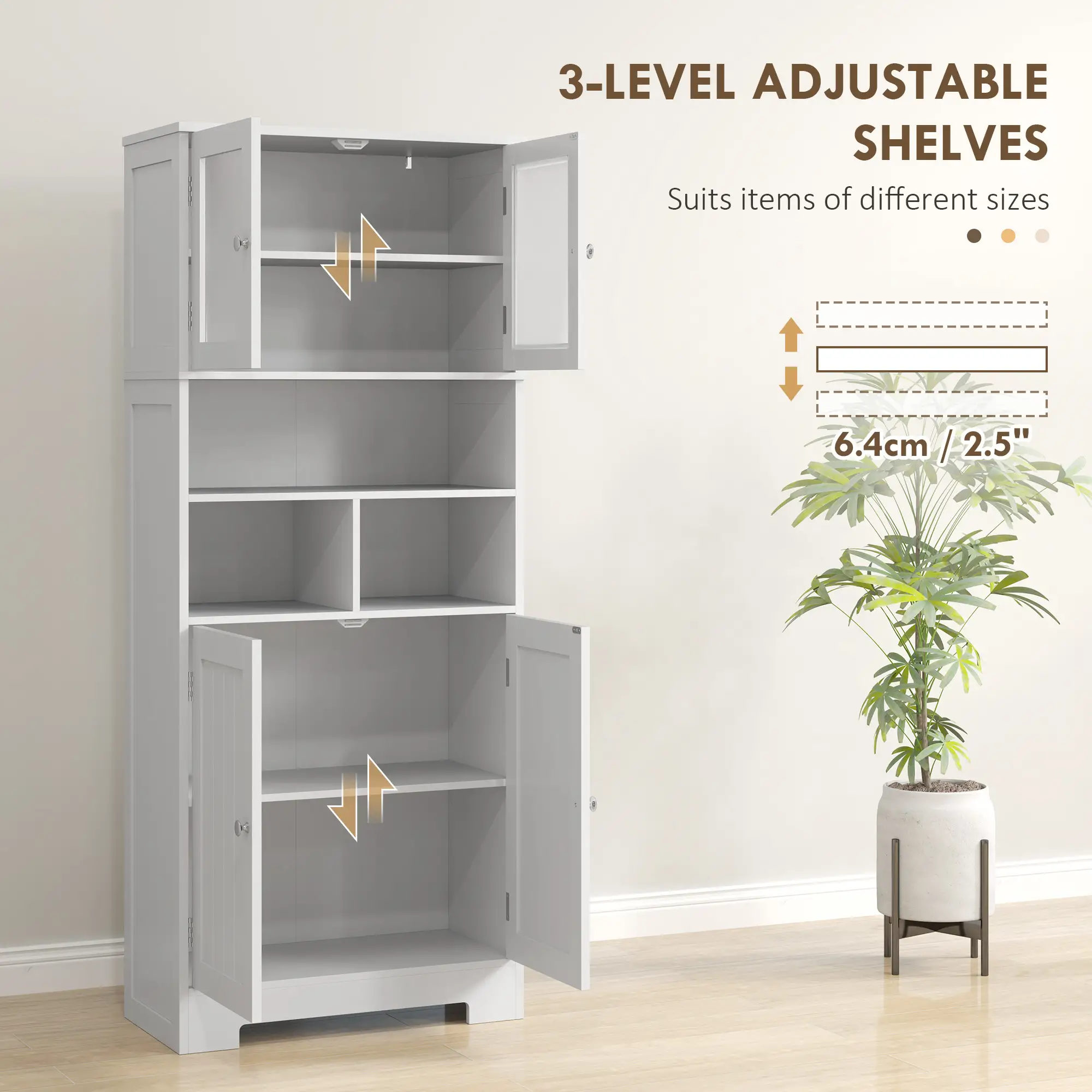 57" Kitchen Pantry, Freestanding Cabinet, Glass Doors, Adjustable Shelves, White - Image 5