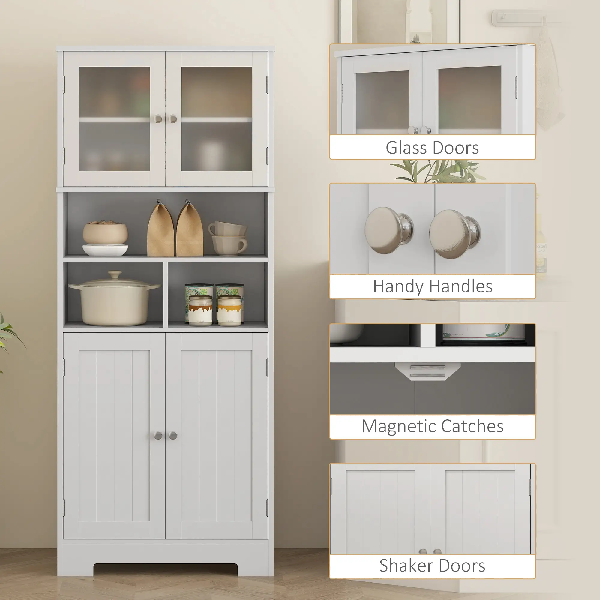 57" Kitchen Pantry, Freestanding Cabinet, Glass Doors, Adjustable Shelves, White - Image 7