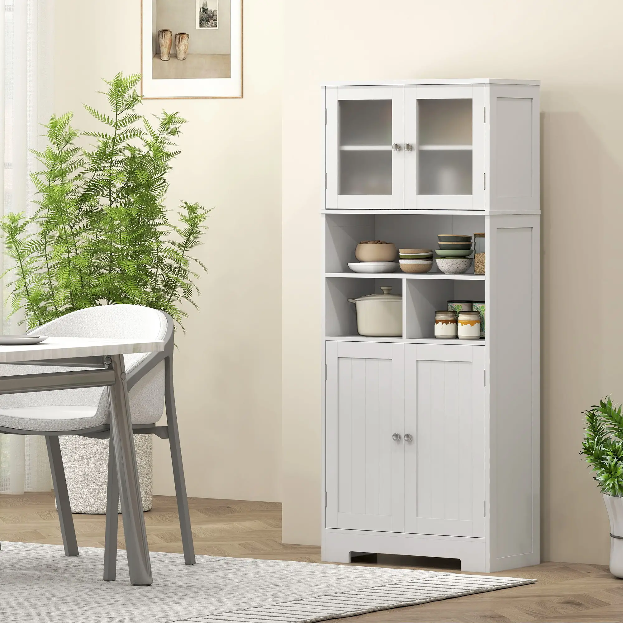 57" Kitchen Pantry, Freestanding Cabinet, Glass Doors, Adjustable Shelves, White - Image 8
