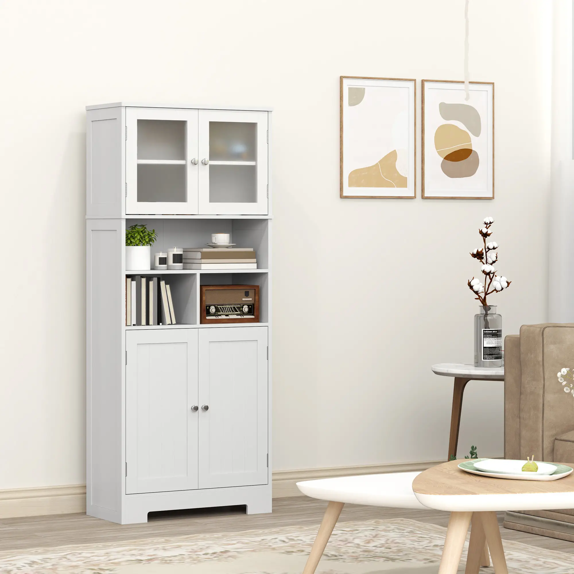 57" Kitchen Pantry, Freestanding Cabinet, Glass Doors, Adjustable Shelves, White - Image 9