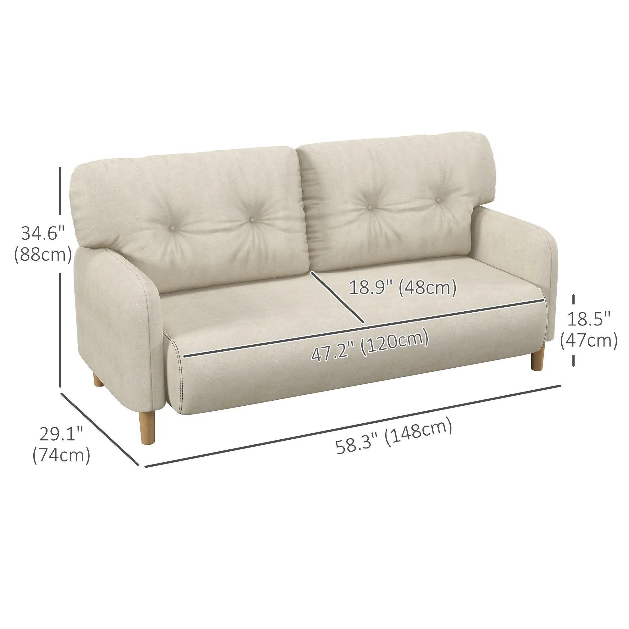 58" 2 Seat Sofa, Modern Love Seat, Upholstered Couch, Solid Wood Frame, Beige - Image 3