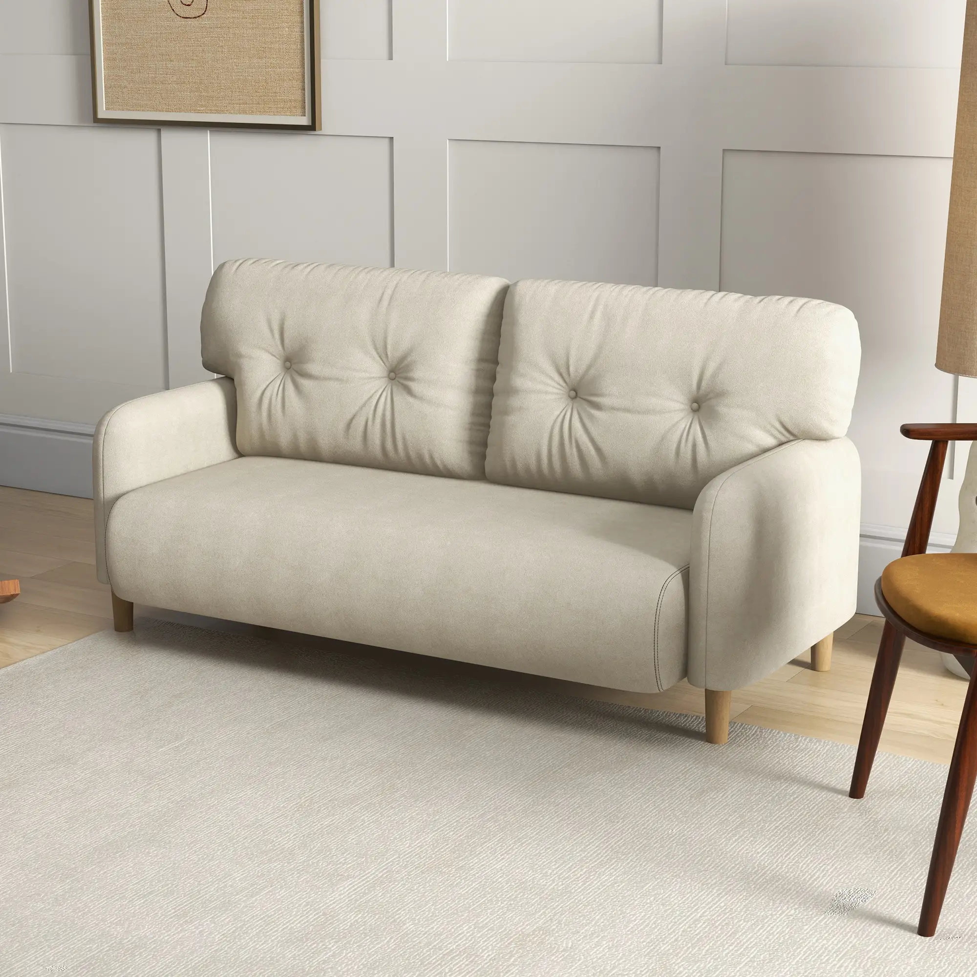 58" 2 Seat Sofa, Modern Love Seat, Upholstered Couch, Solid Wood Frame, Beige - Image 7