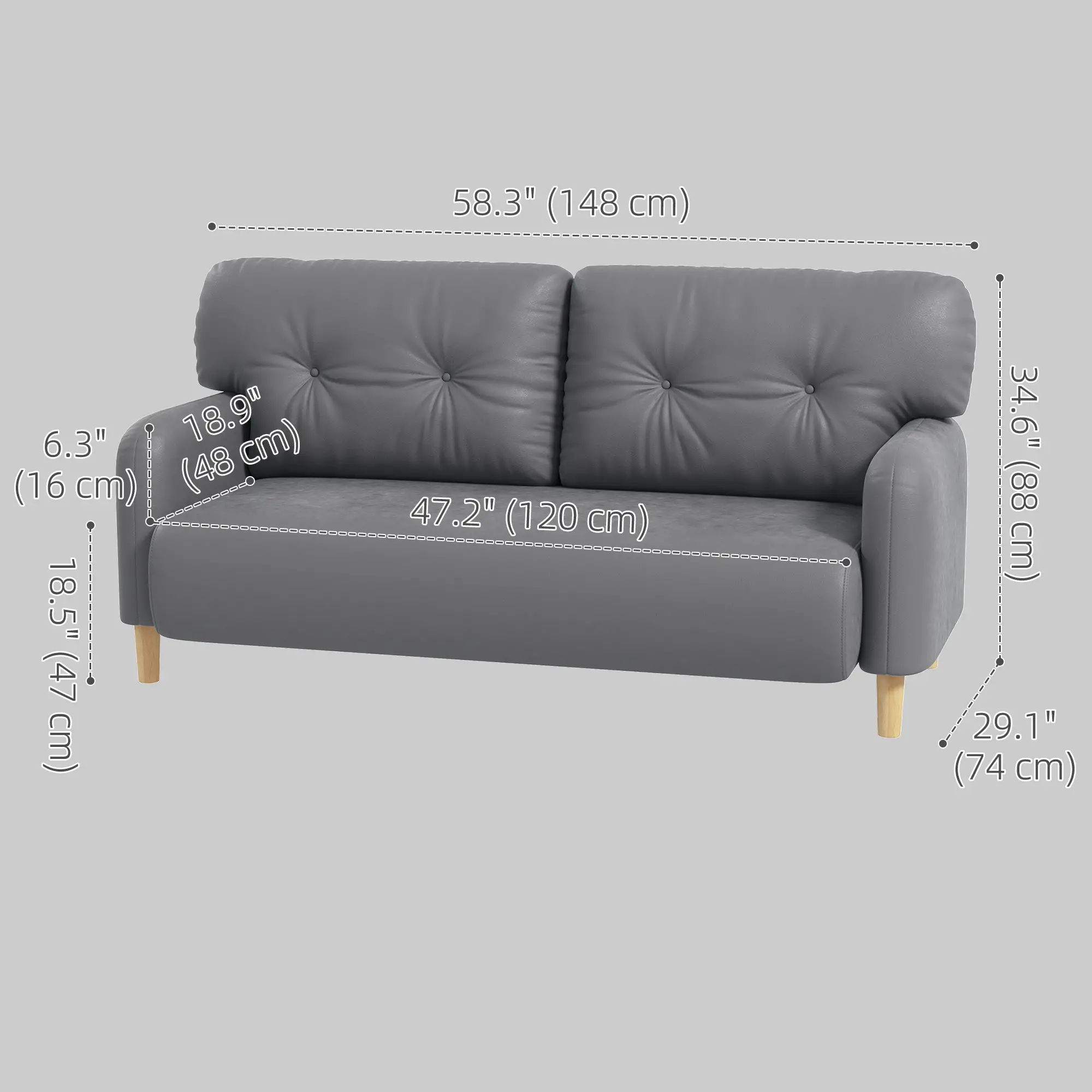 58" 2 Seat Sofa, Modern Love Seat, Upholstered Couch, Solid Wood Frame, Grey - Image 3