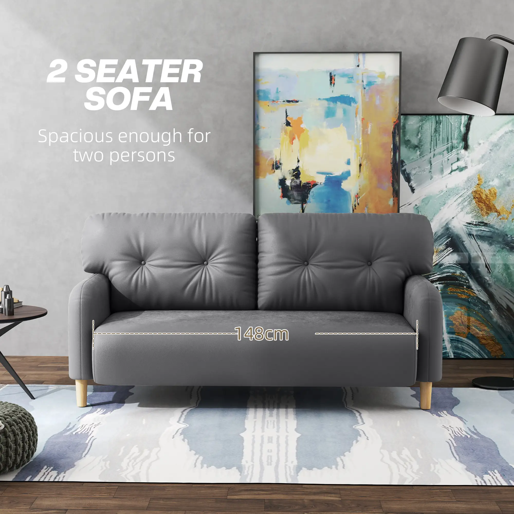 58" 2 Seat Sofa, Modern Love Seat, Upholstered Couch, Solid Wood Frame, Grey - Image 4