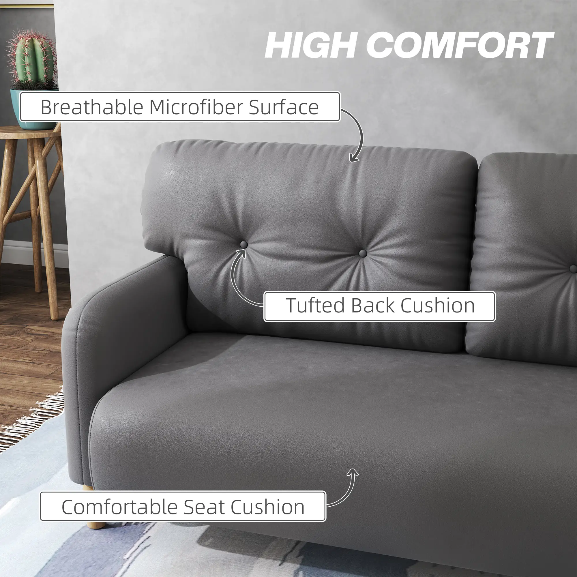 58" 2 Seat Sofa, Modern Love Seat, Upholstered Couch, Solid Wood Frame, Grey - Image 5