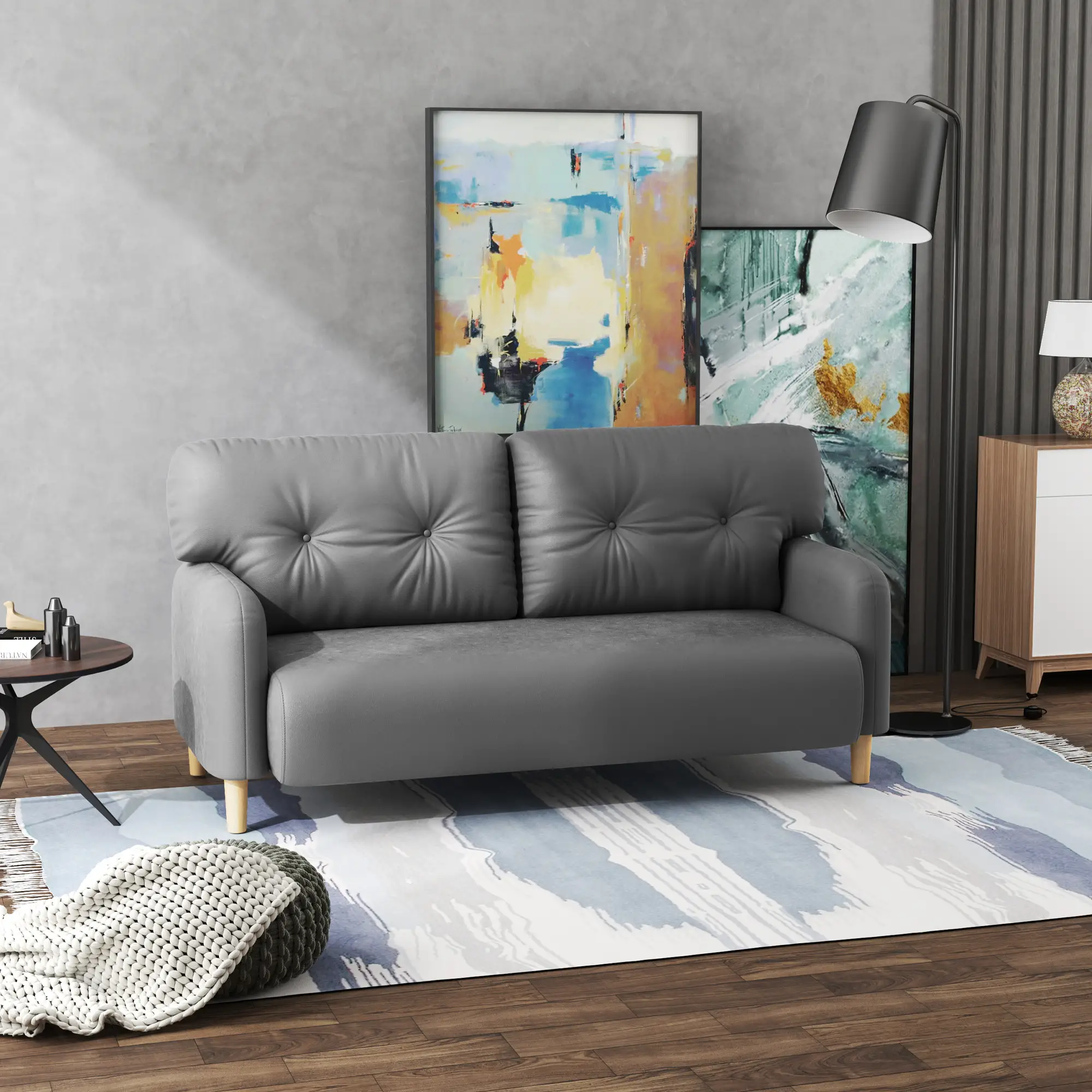 58" 2 Seat Sofa, Modern Love Seat, Upholstered Couch, Solid Wood Frame, Grey - Image 7