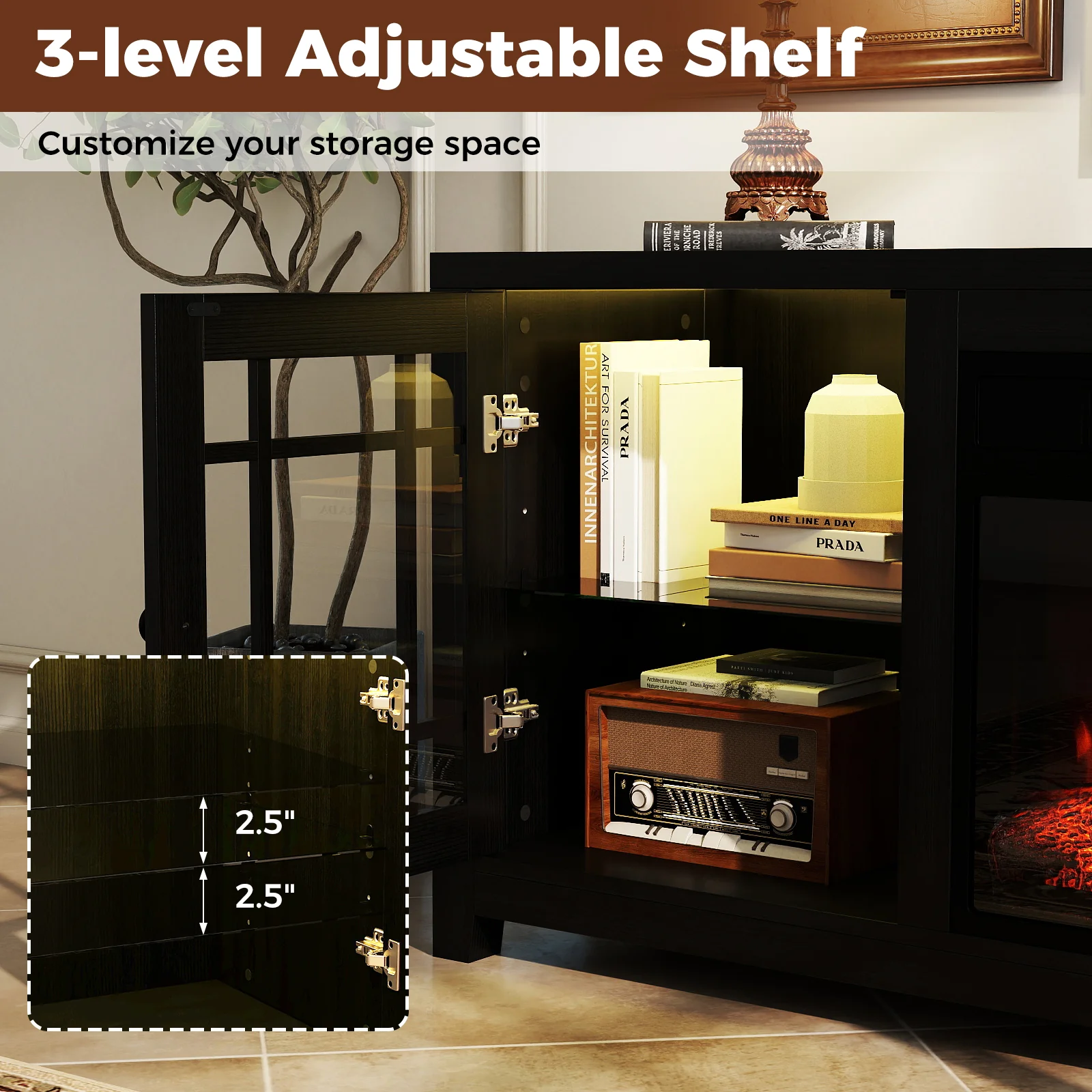 58" Fireplace TV Stand with LED Lights and 18" Electric Fireplace, Black - Image 10