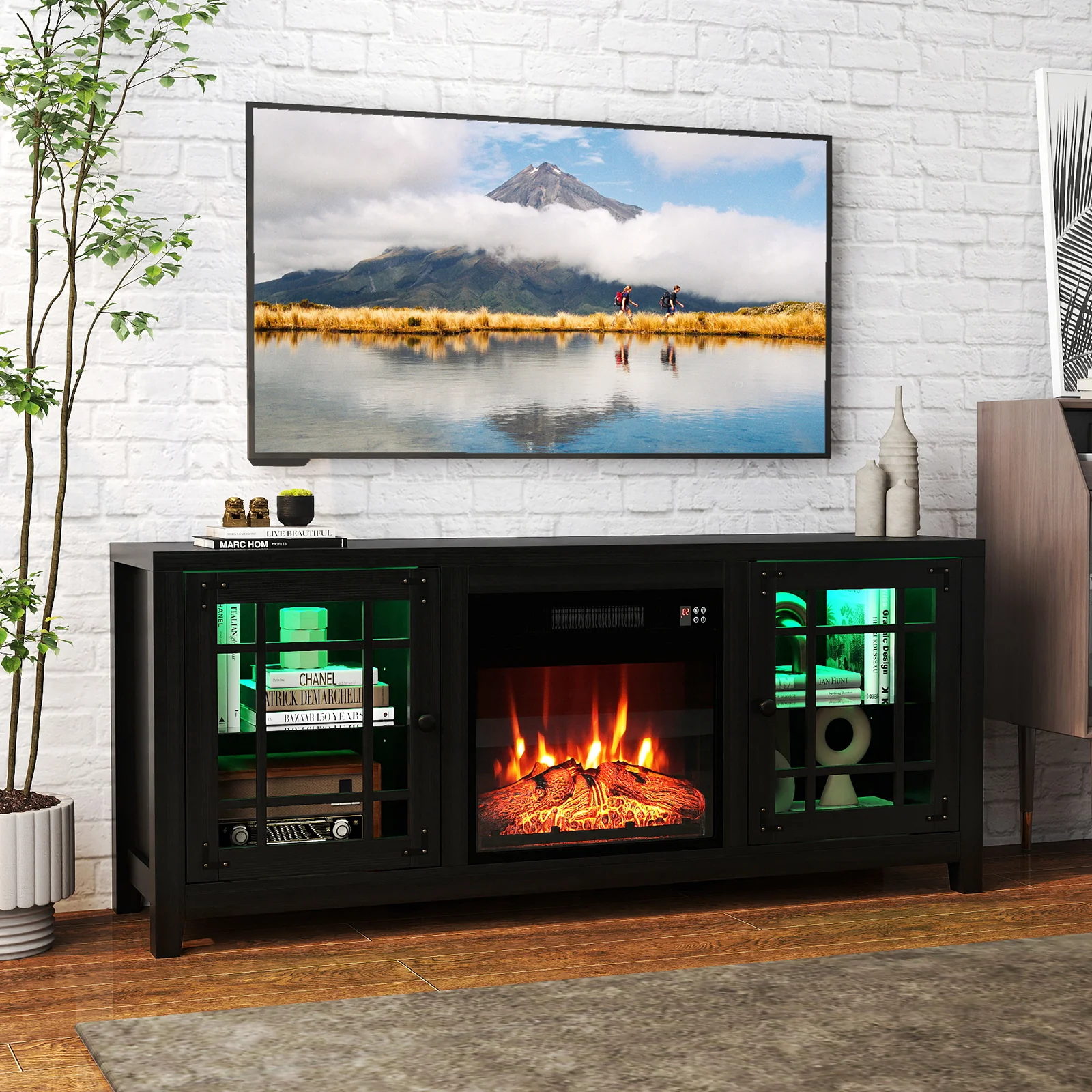 58" Fireplace TV Stand with LED Lights and 18" Electric Fireplace, Black - Image 2