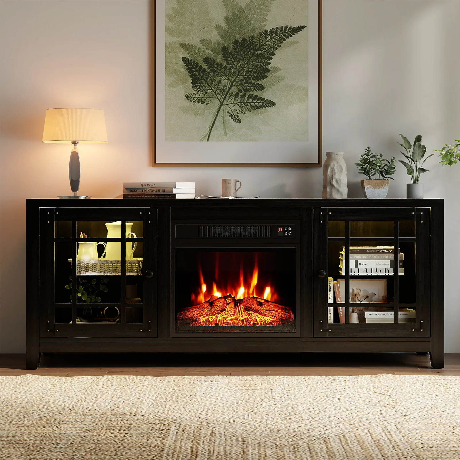 58" Fireplace TV Stand with LED Lights and 18" Electric Fireplace, Black - Image 3
