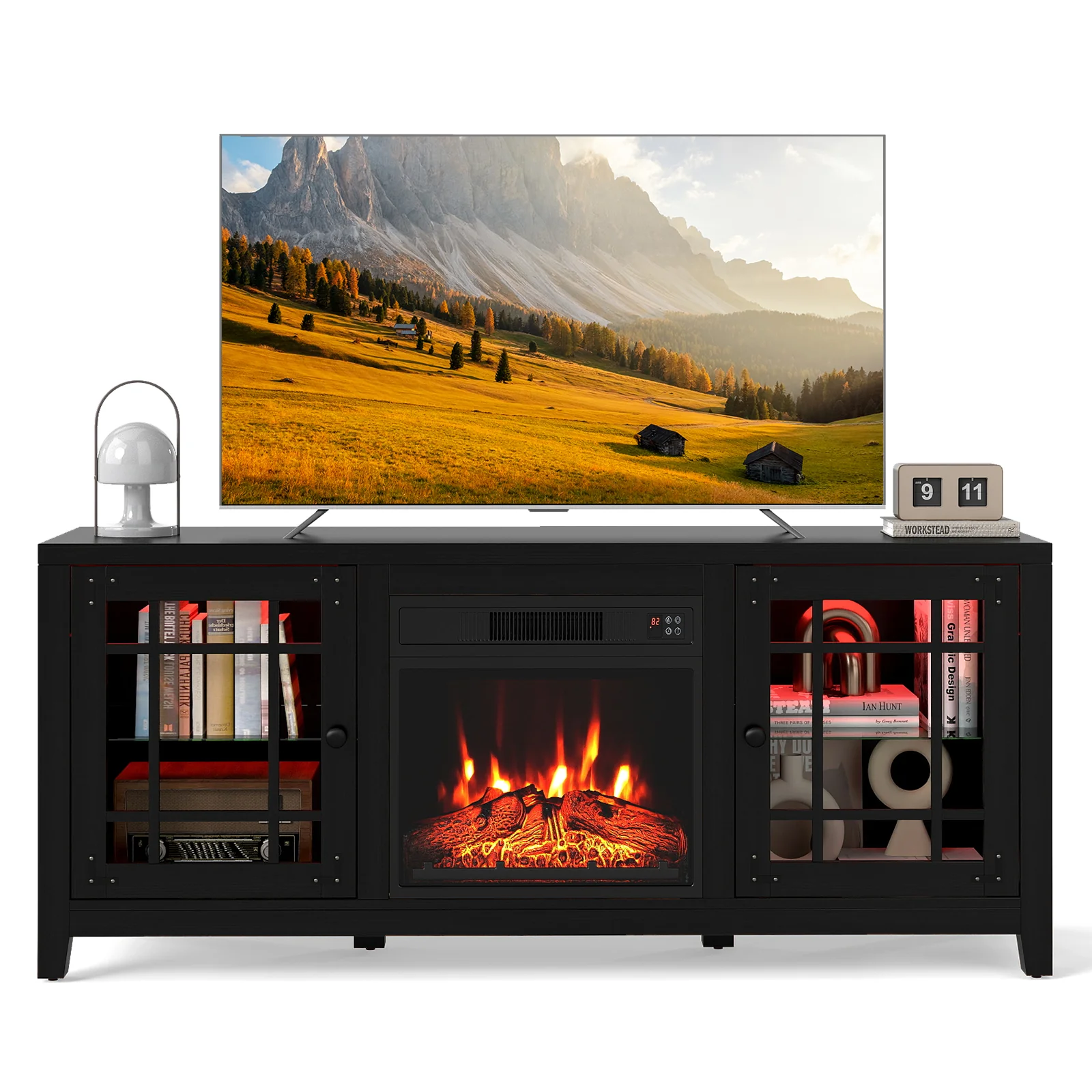 58" Fireplace TV Stand with LED Lights and 18" Electric Fireplace, Black - Image 4