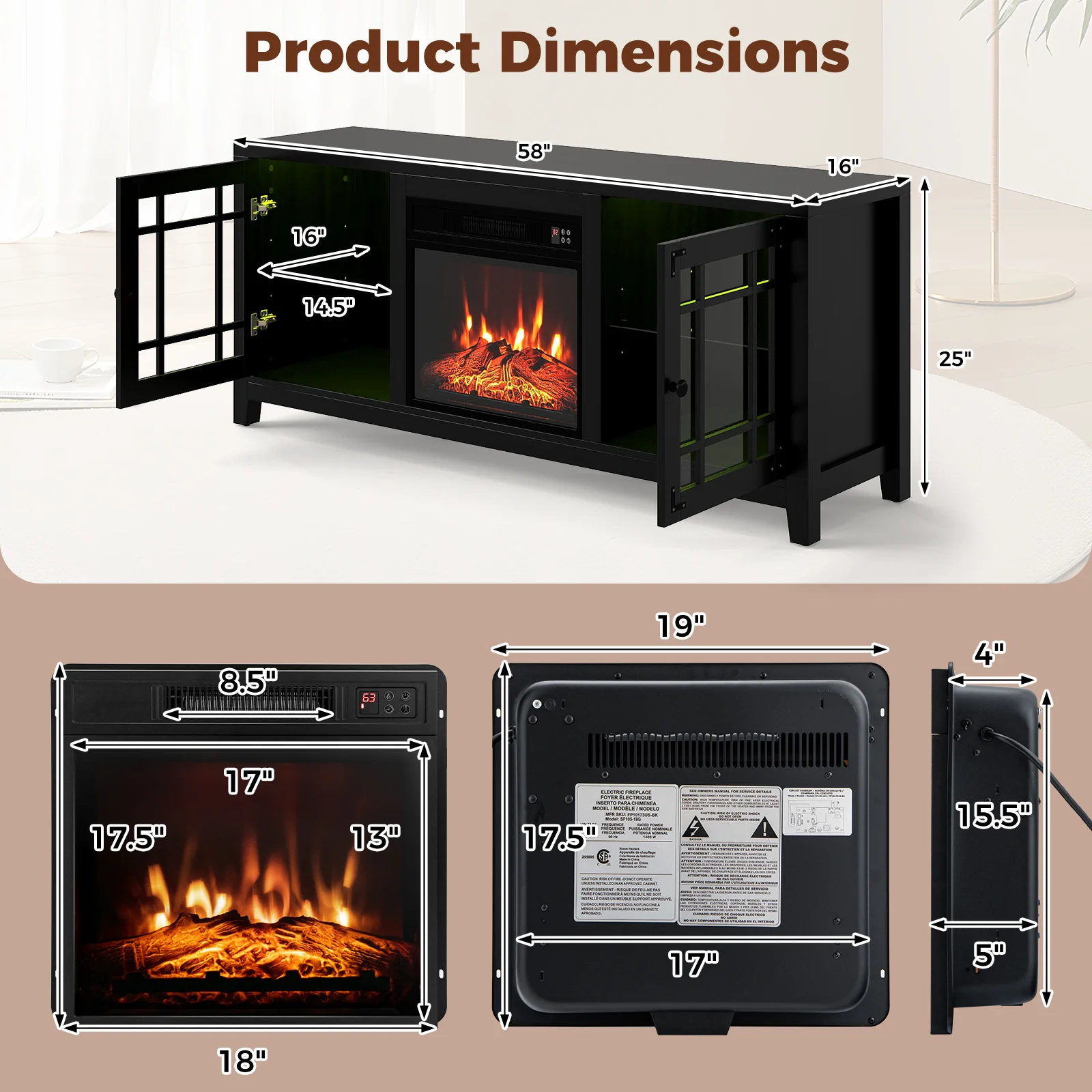 58" Fireplace TV Stand with LED Lights and 18" Electric Fireplace, Black - Image 6