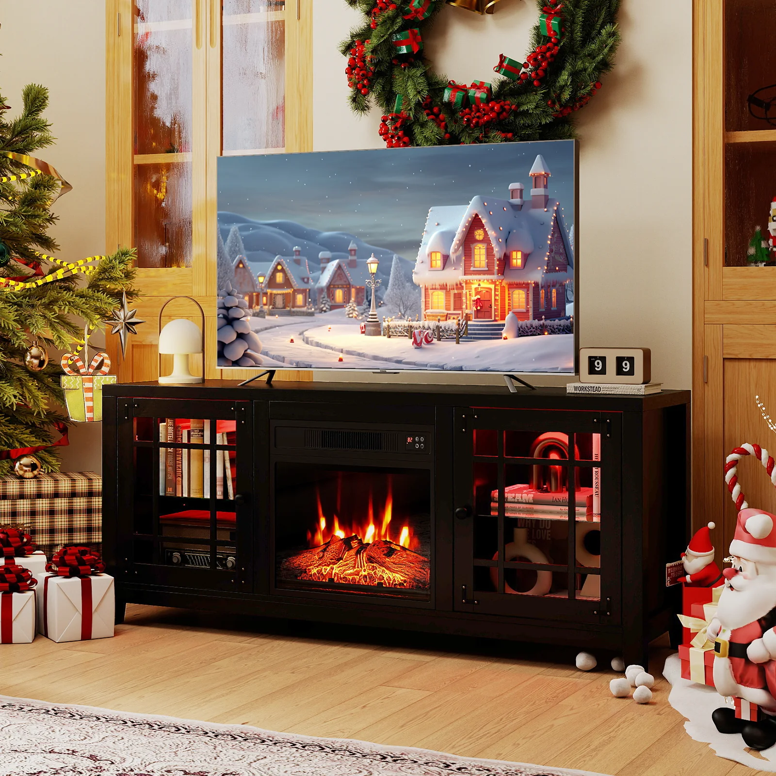 58" Fireplace TV Stand with LED Lights and 18" Electric Fireplace, Black - Image 7
