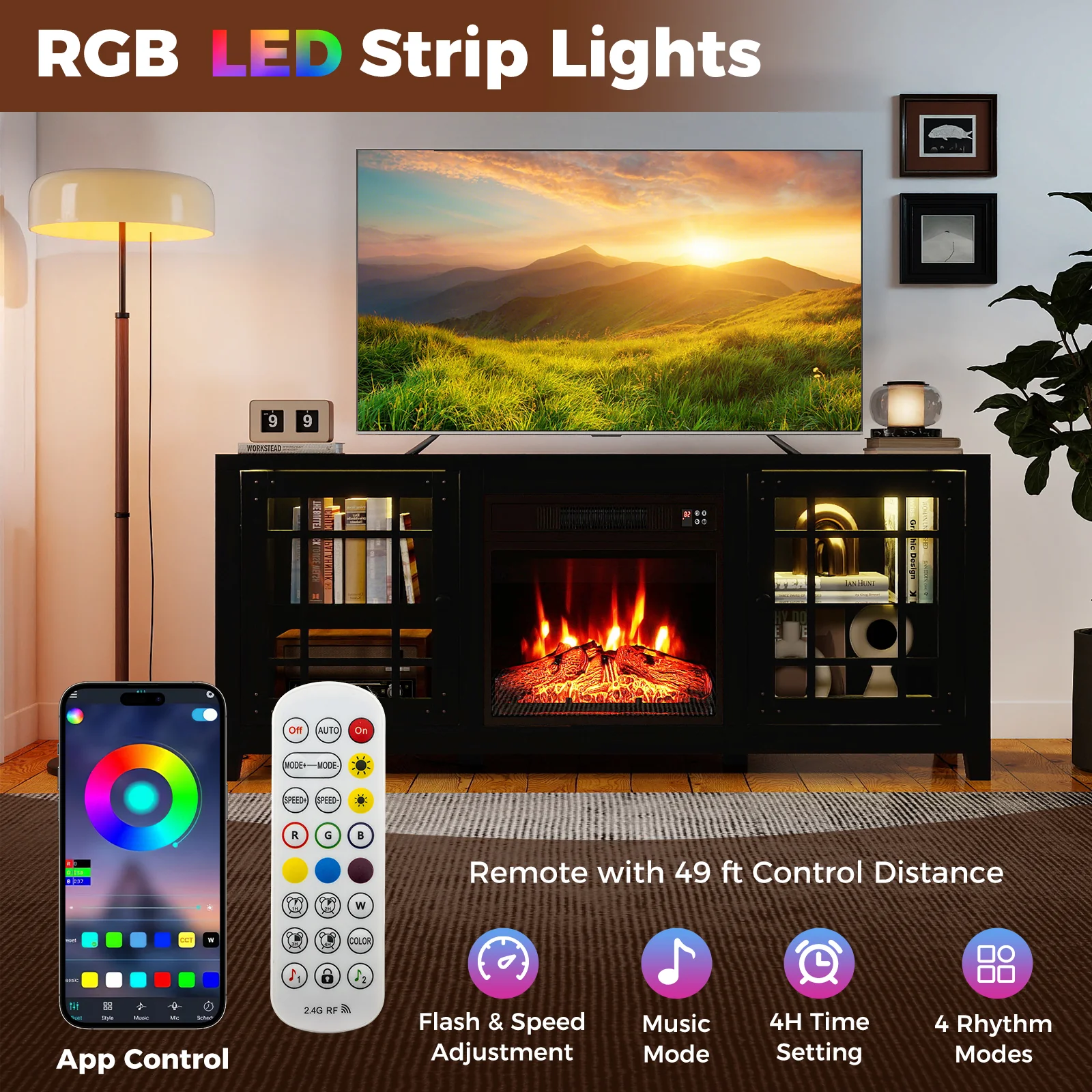 58" Fireplace TV Stand with LED Lights and 18" Electric Fireplace, Black - Image 8