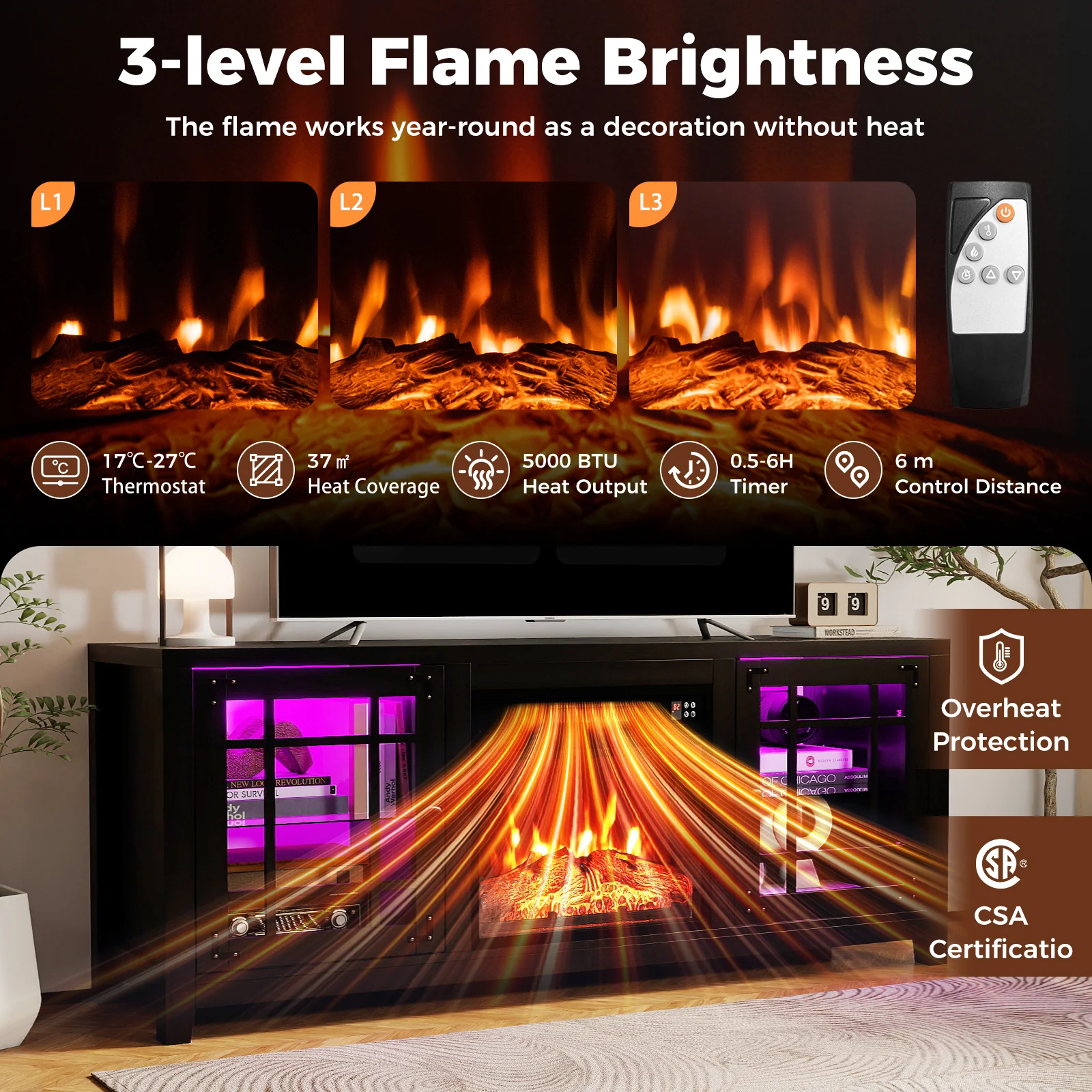 58" Fireplace TV Stand with LED Lights and 18" Electric Fireplace, Black - Image 9