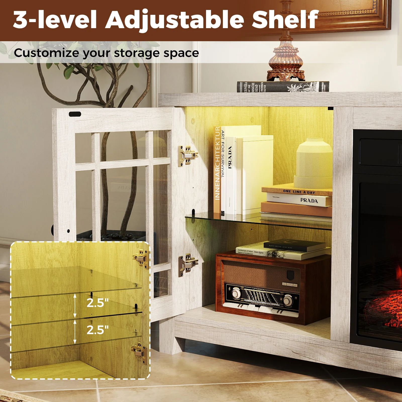 58" Fireplace TV Stand with LED Lights and 18" Electric Fireplace, Natural - Image 10