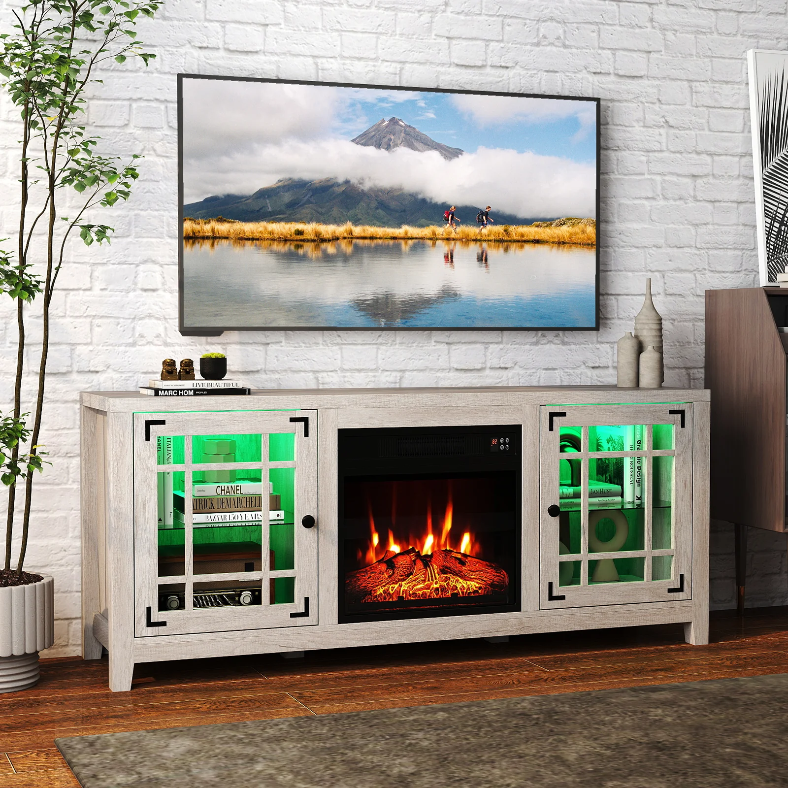 58" Fireplace TV Stand with LED Lights and 18" Electric Fireplace, Natural - Image 2