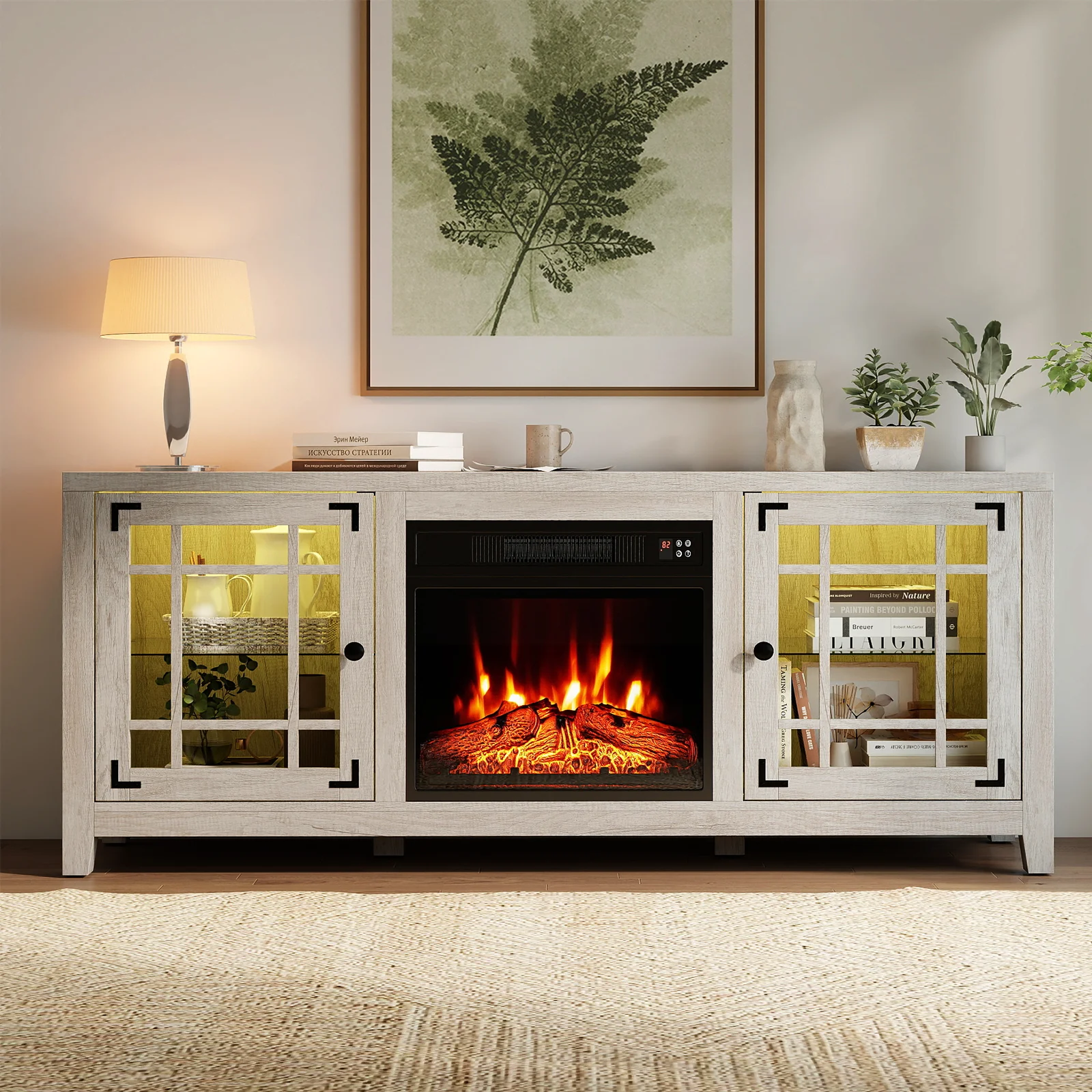58" Fireplace TV Stand with LED Lights and 18" Electric Fireplace, Natural - Image 3