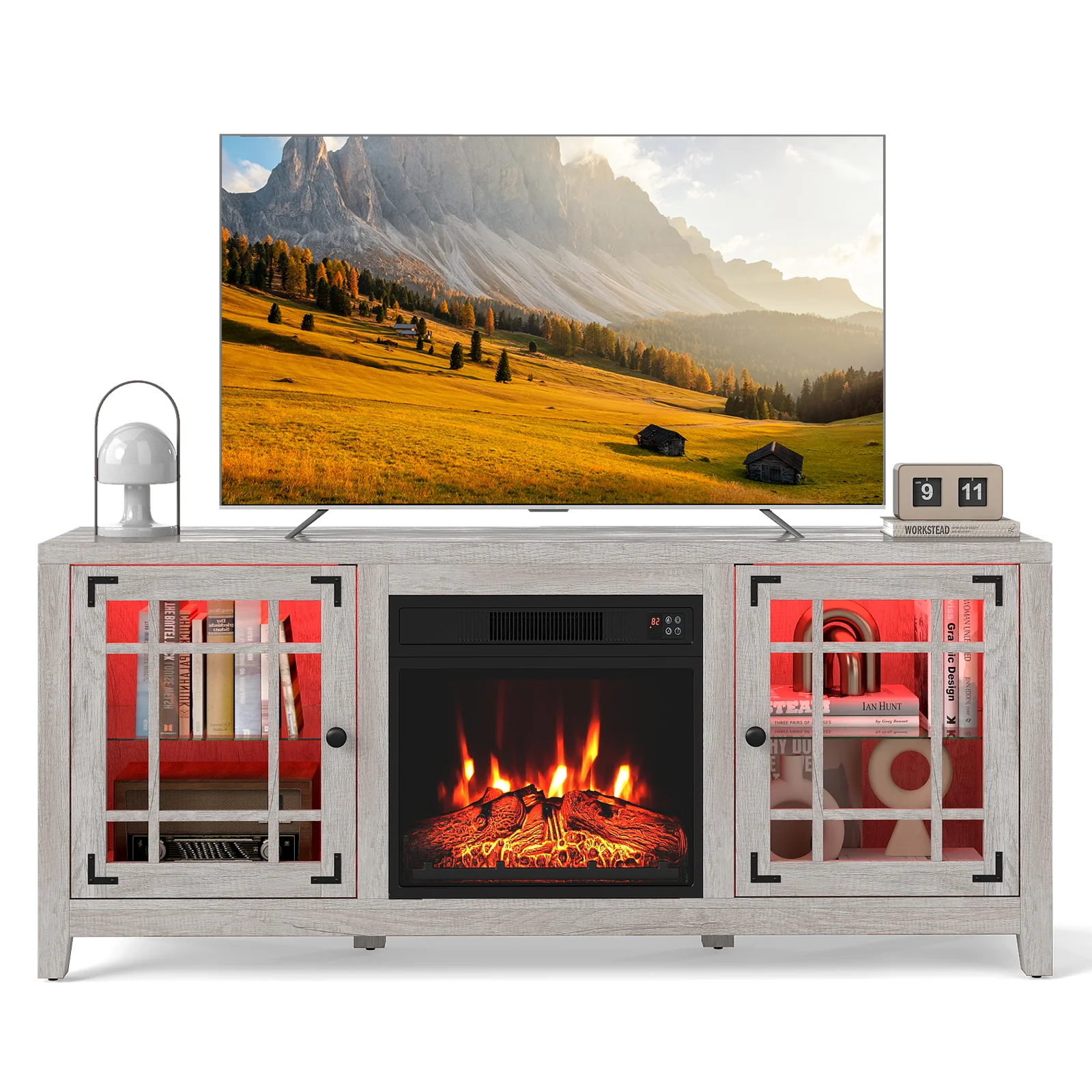 58" Fireplace TV Stand with LED Lights and 18" Electric Fireplace, Natural - Image 4