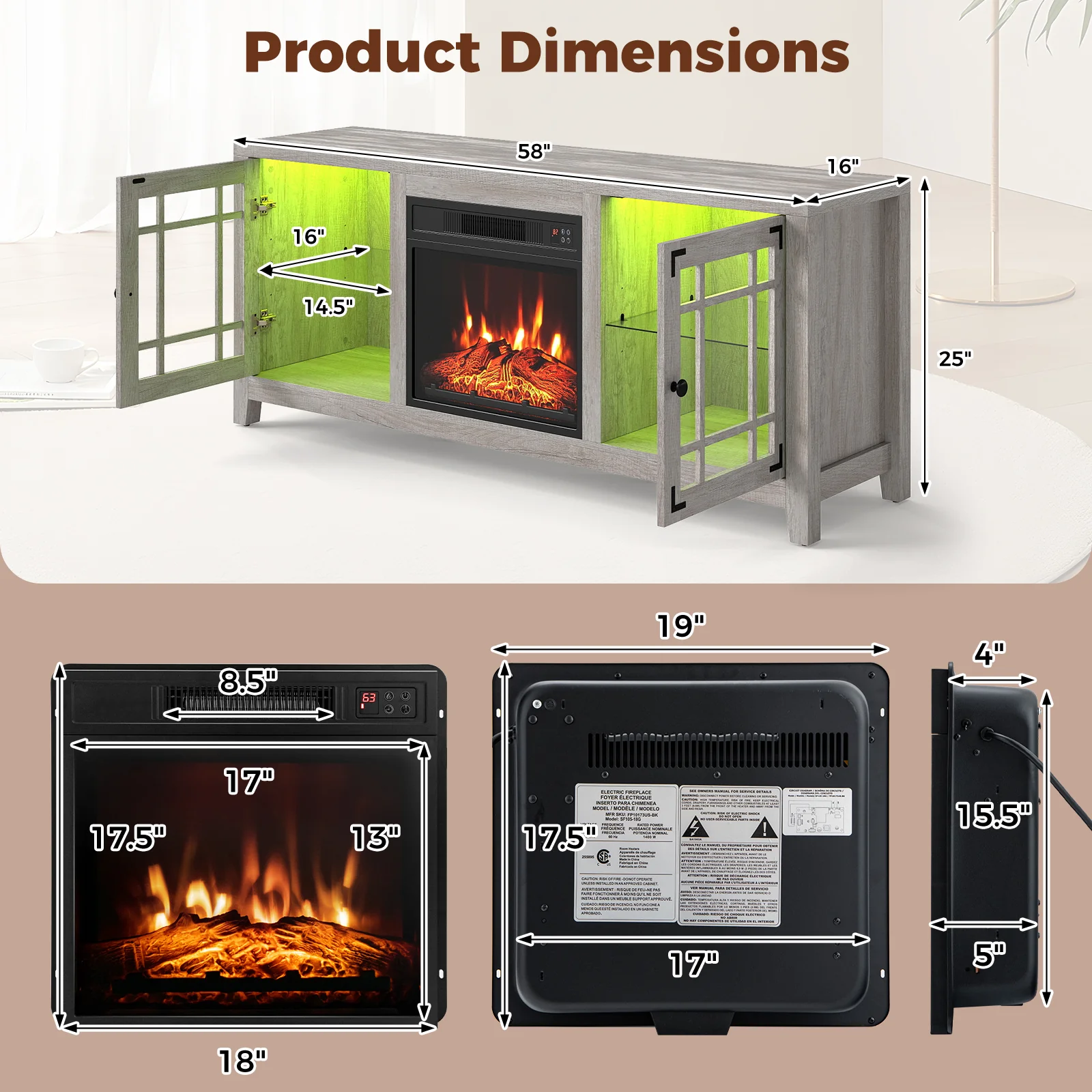 58" Fireplace TV Stand with LED Lights and 18" Electric Fireplace, Natural - Image 6