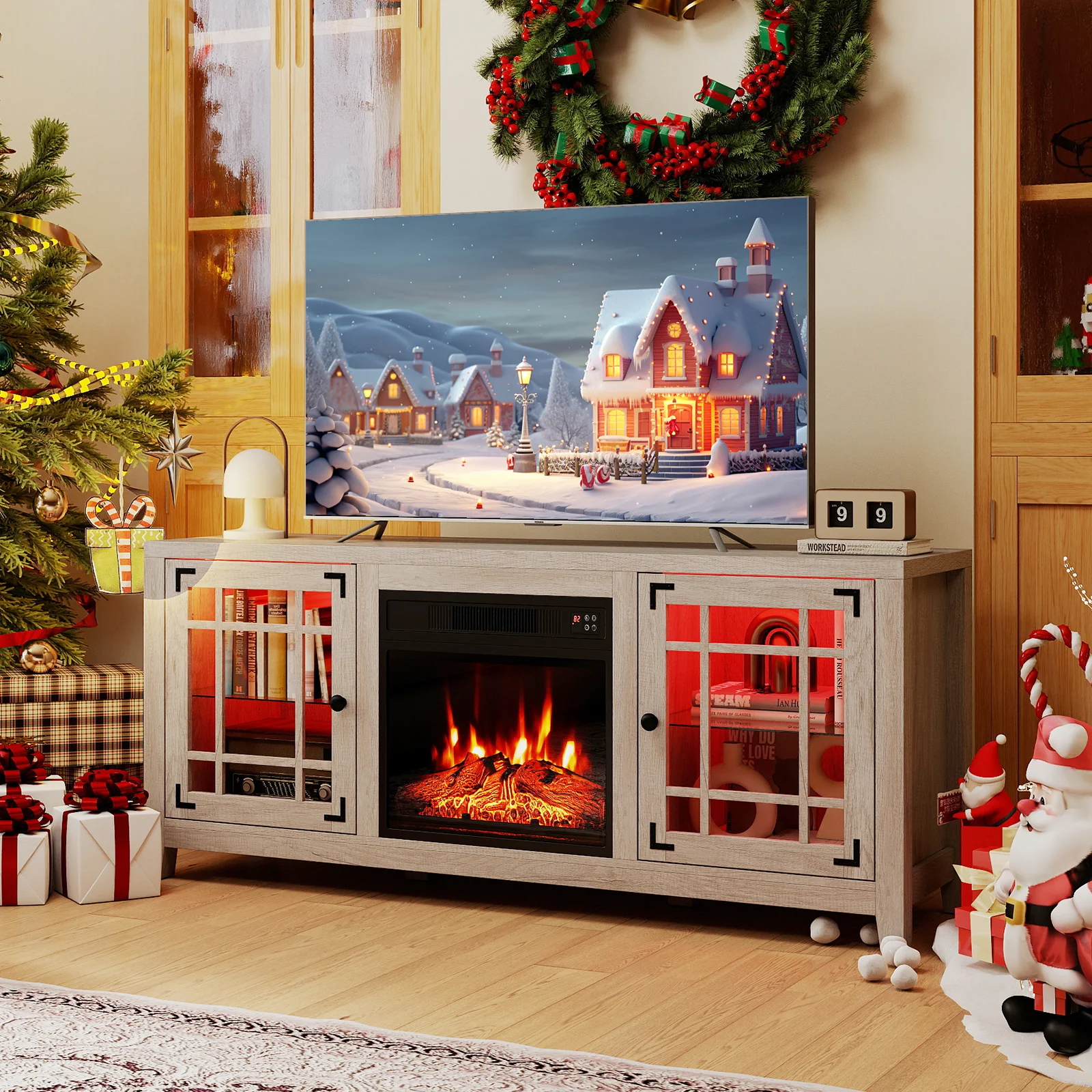 58" Fireplace TV Stand with LED Lights and 18" Electric Fireplace, Natural - Image 7