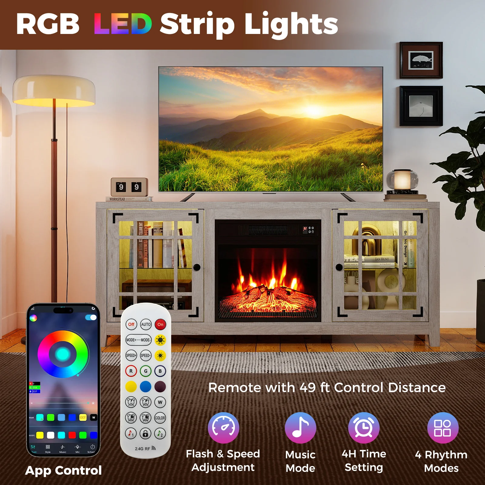 58" Fireplace TV Stand with LED Lights and 18" Electric Fireplace, Natural - Image 8