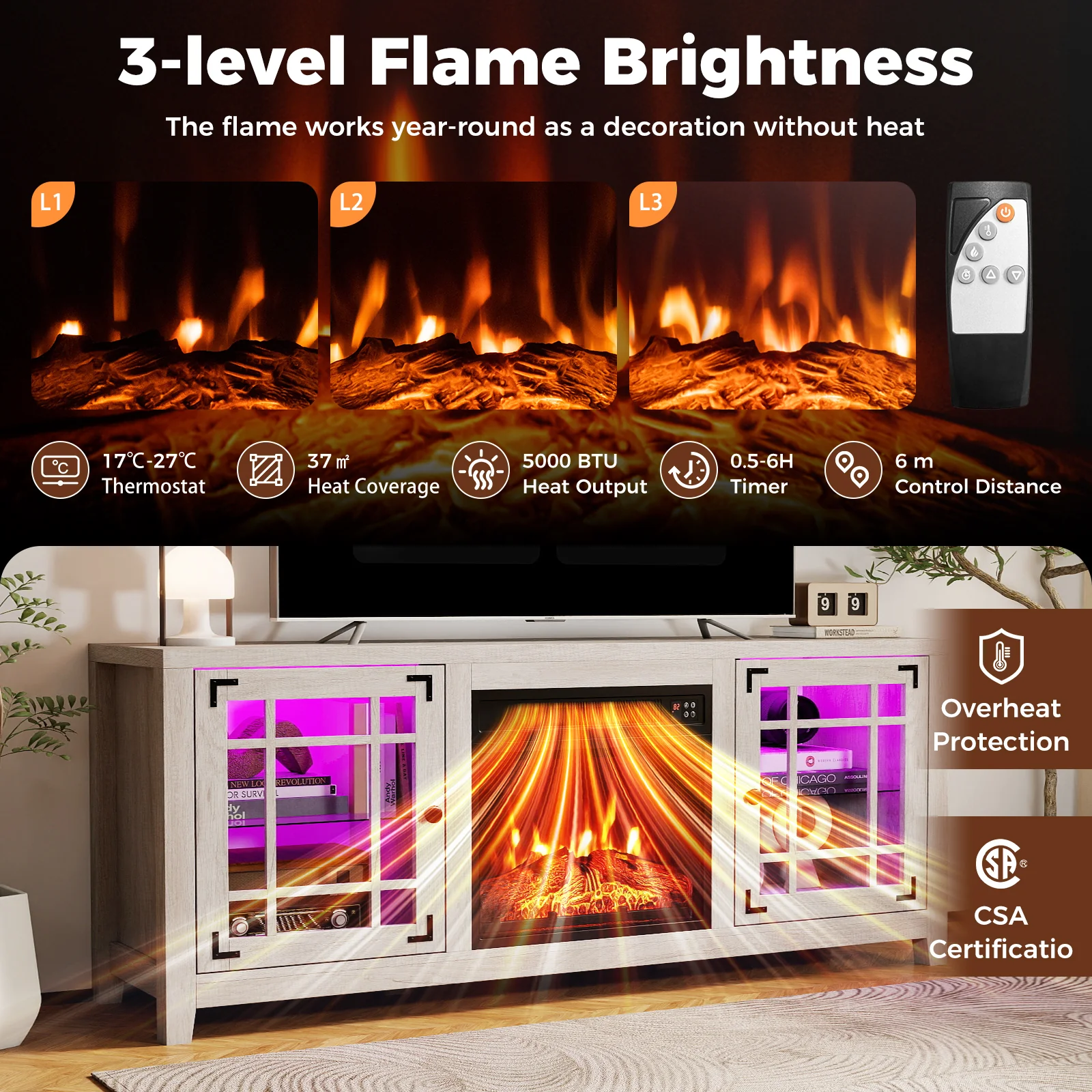 58" Fireplace TV Stand with LED Lights and 18" Electric Fireplace, Natural - Image 9