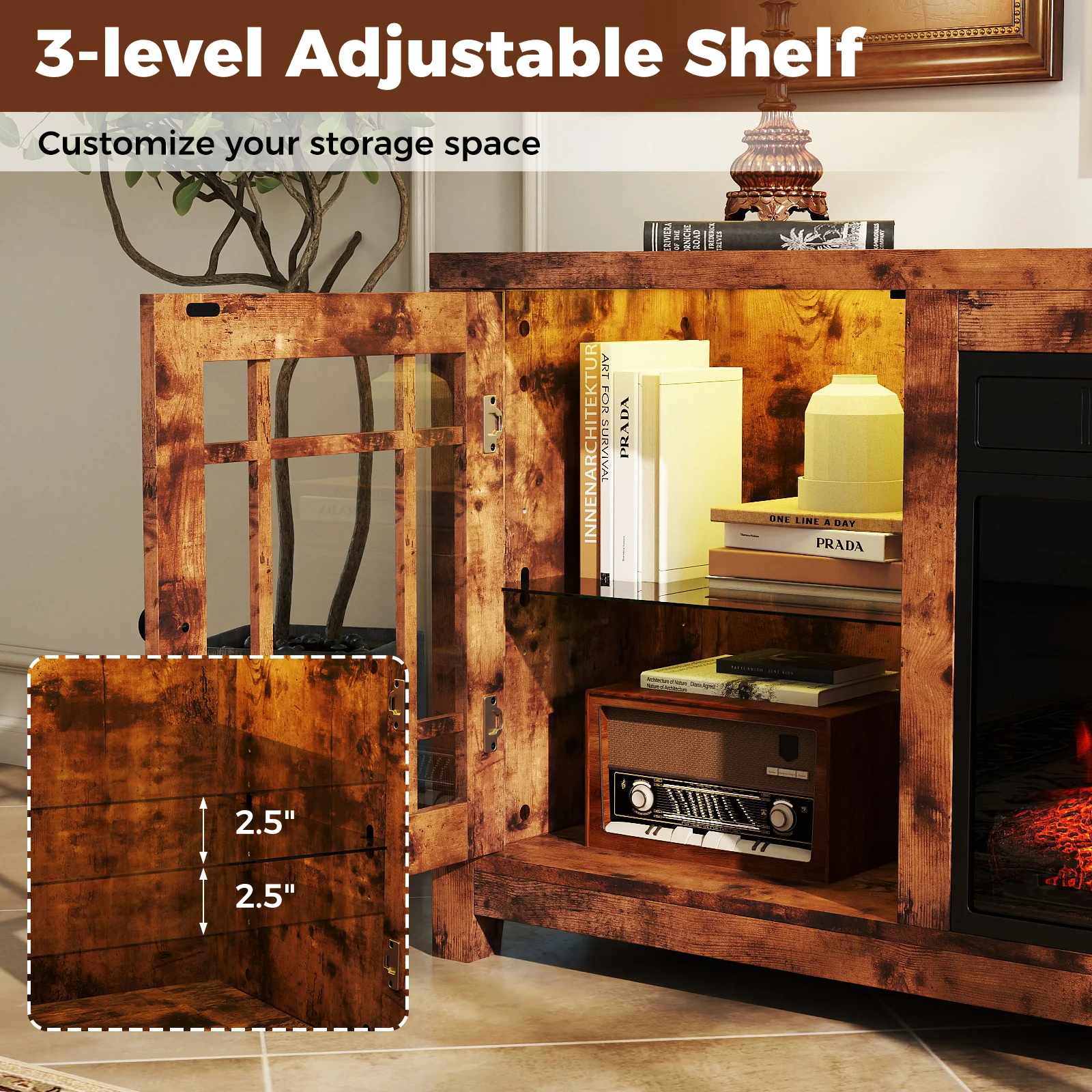 58" Fireplace TV Stand with LED Lights and 18" Electric Fireplace, Rustic Brown - Image 10