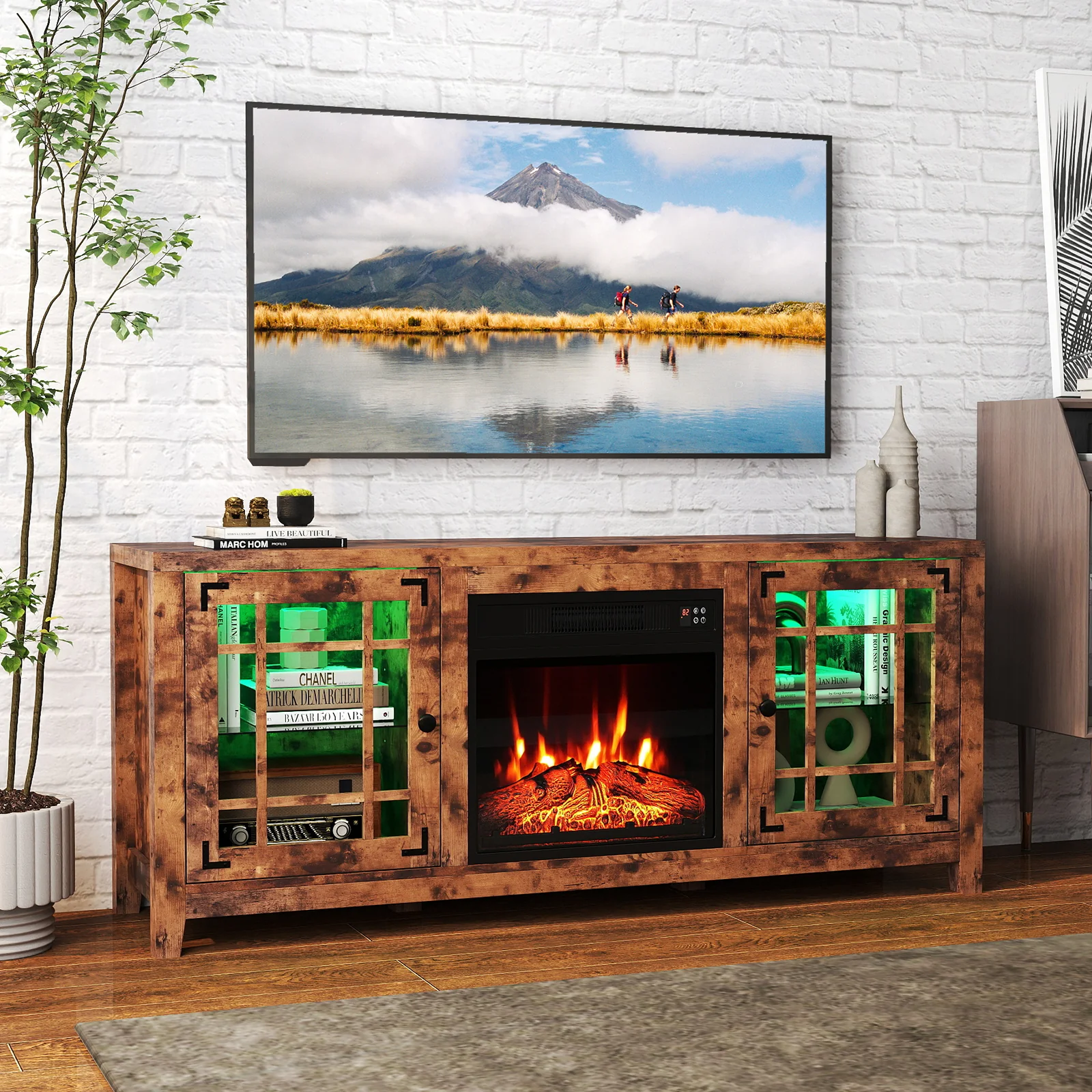 58" Fireplace TV Stand with LED Lights and 18" Electric Fireplace, Rustic Brown - Image 2